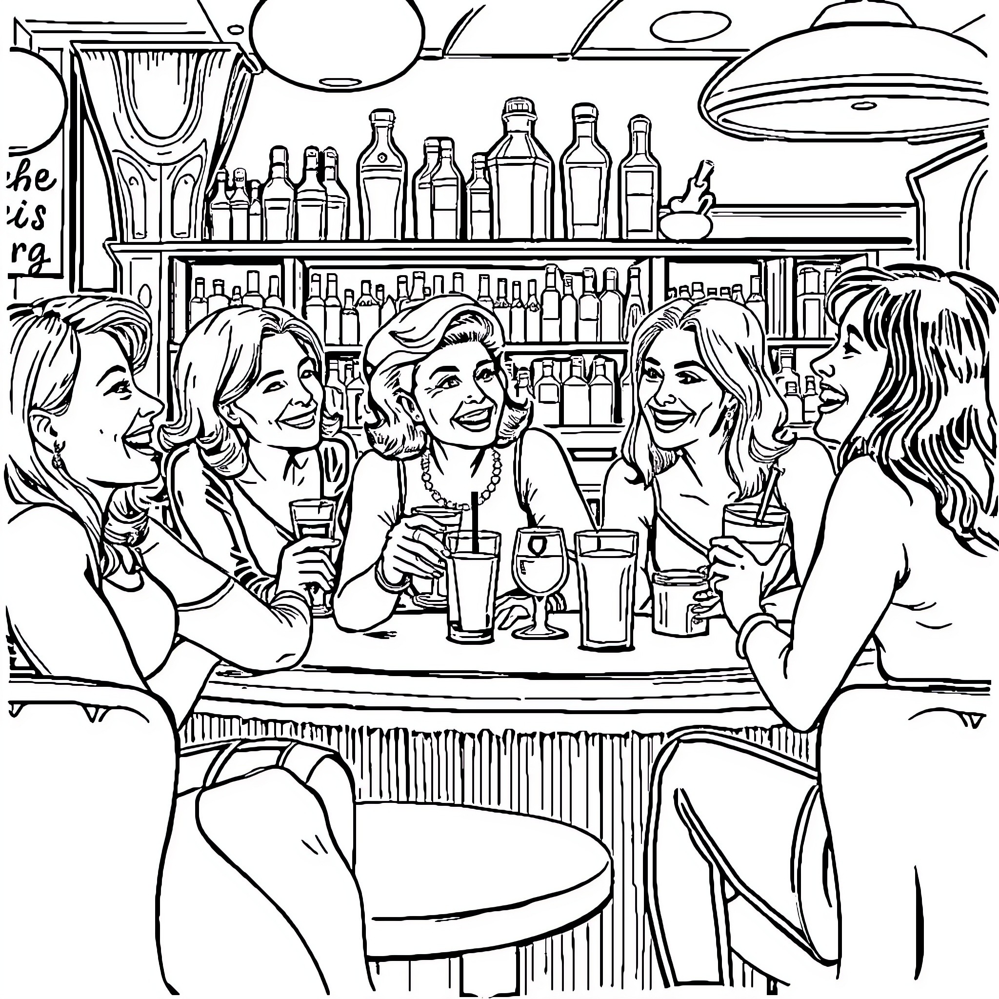 P.K. van der Byl's group enjoying drinks at the bar Coloring Page (free black-and-white line drawing printable PDF for all, from beginners to advanced learners, including children, teens, adults, and seniors)