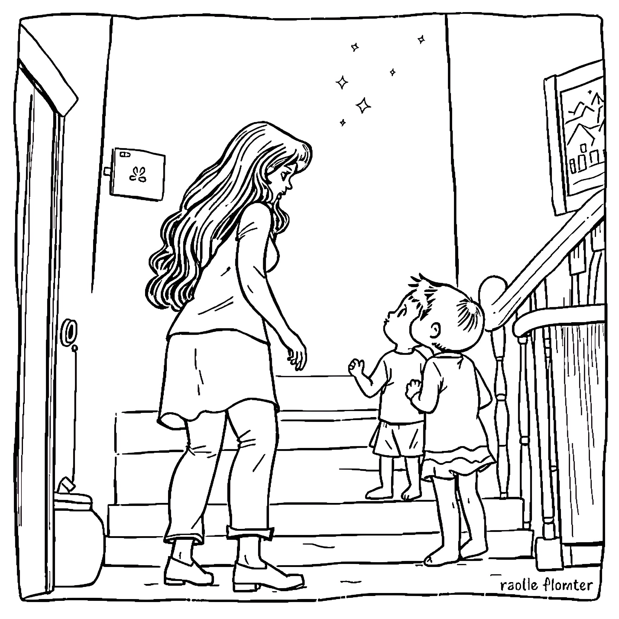Mom comforting child in home Coloring Page (free black-and-white line drawing printable PDF for all, from beginners to advanced learners, including children, teens, adults, and seniors)