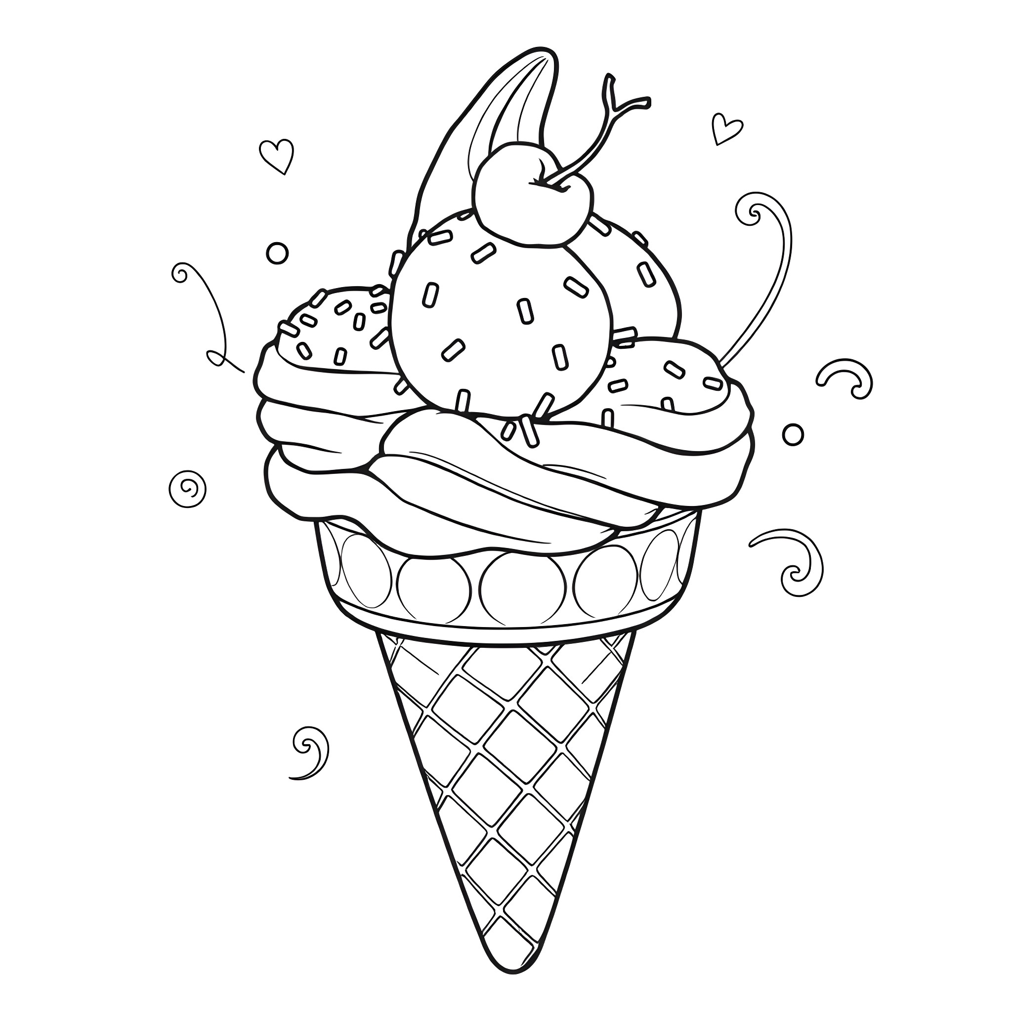 Ice Cream Cone with Cute Decorations Coloring Page (free black-and-white line drawing printable PDF for all, from beginners to advanced learners, including children, teens, adults, and seniors)
