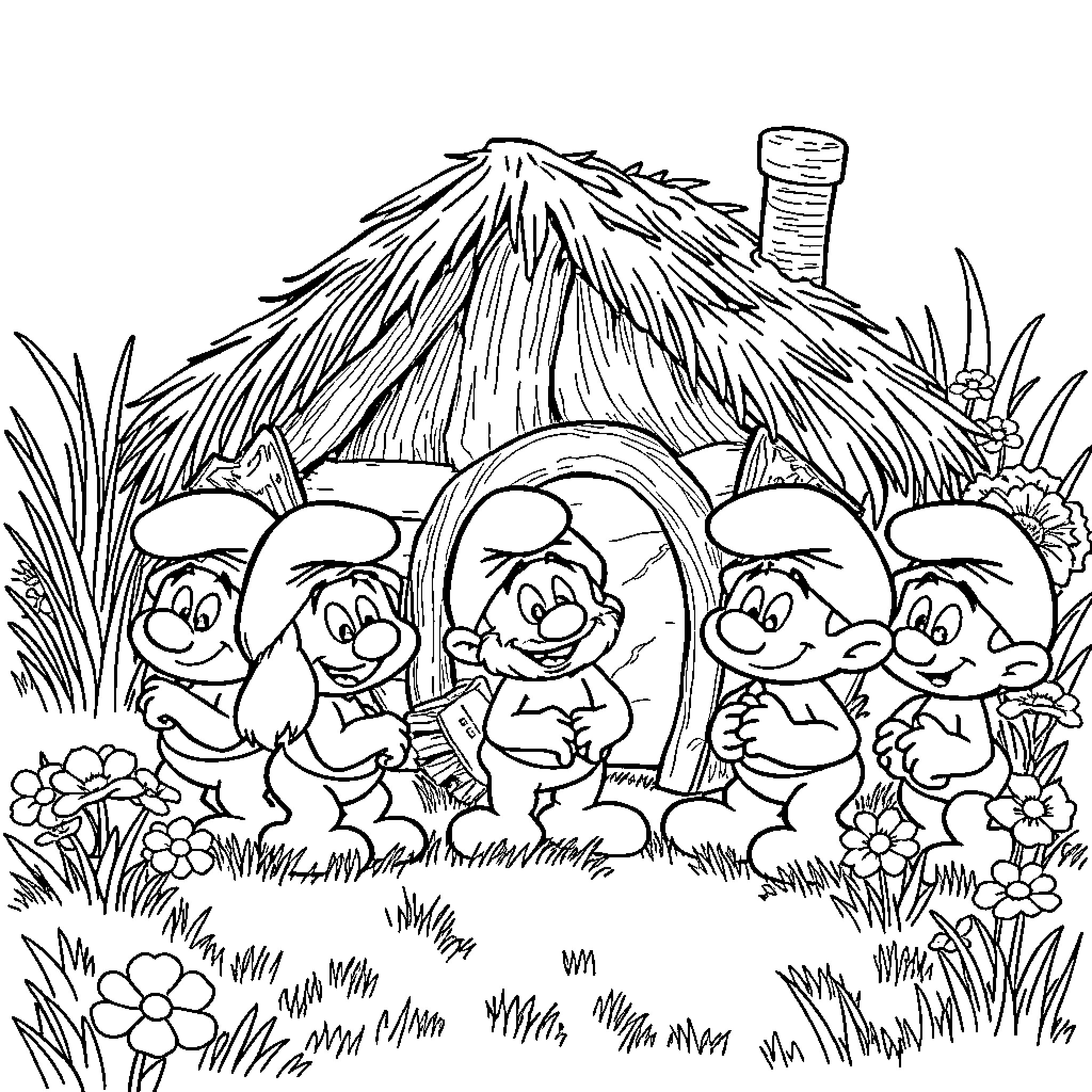 Smurf Cottage Adventure in the Forest Coloring Page (free black-and-white line drawing printable PDF for all, from beginners to advanced learners, including children, teens, adults, and seniors)