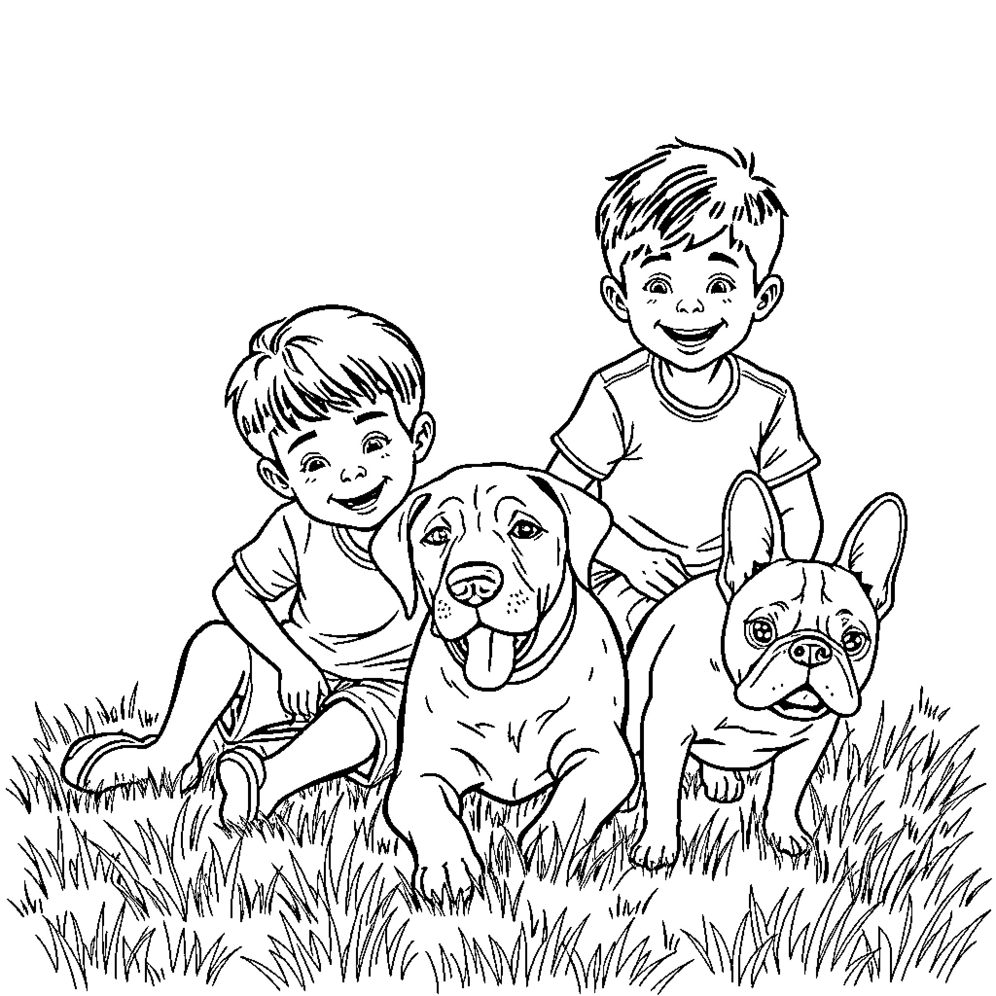 Boys playing with their pet dogs in the field Coloring Page (free black-and-white line drawing printable PDF for all, from beginners to advanced learners, including children, teens, adults, and seniors)
