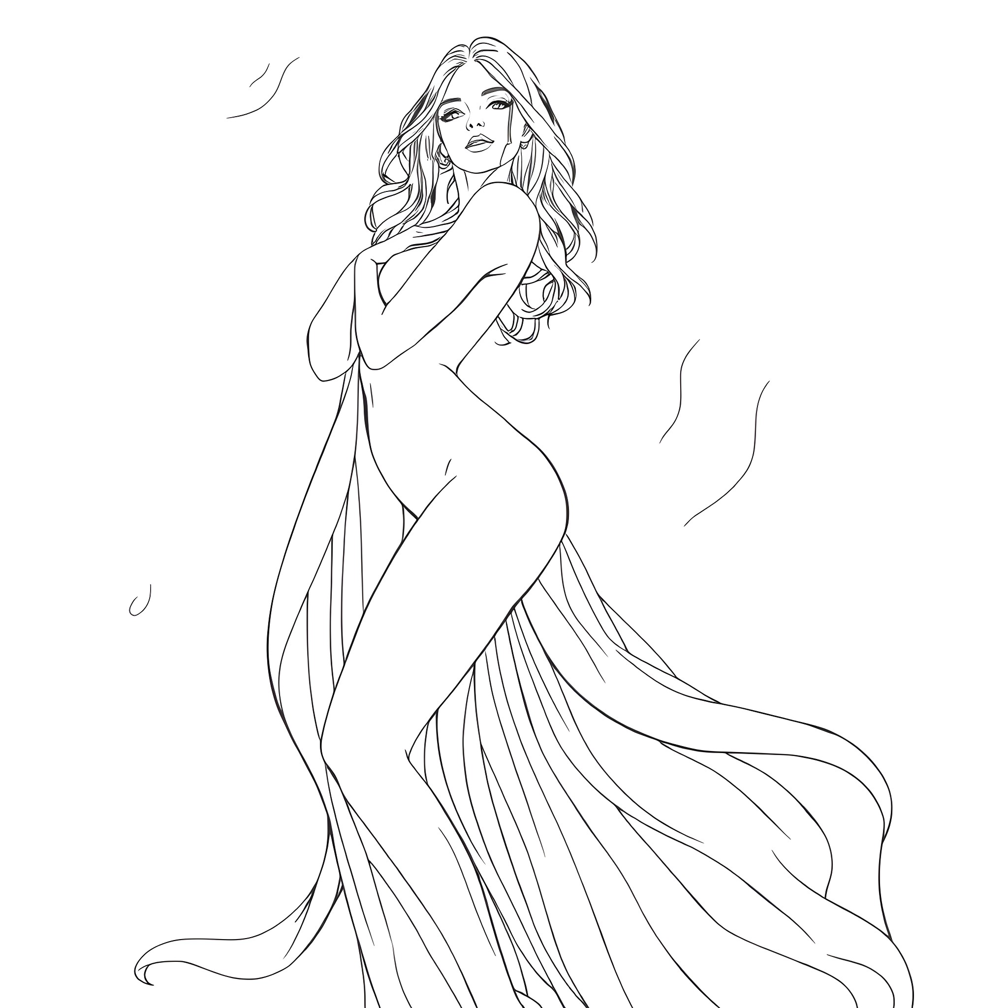 Woman in flowing dress with long hair Coloring Page (free black-and-white line drawing printable PDF for all, from beginners to advanced learners, including children, teens, adults, and seniors)