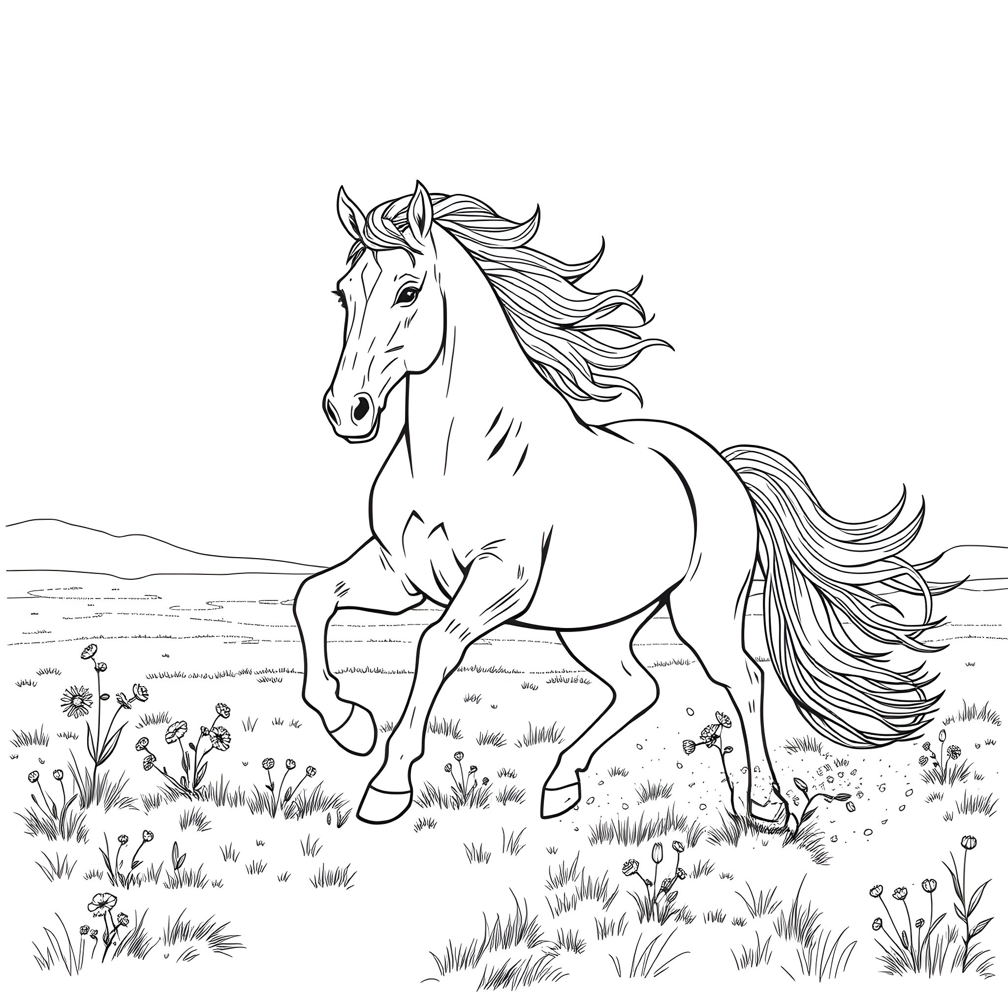 Horse galloping through a grassy field Coloring Page (free black-and-white line drawing printable PDF for all, from beginners to advanced learners, including children, teens, adults, and seniors)