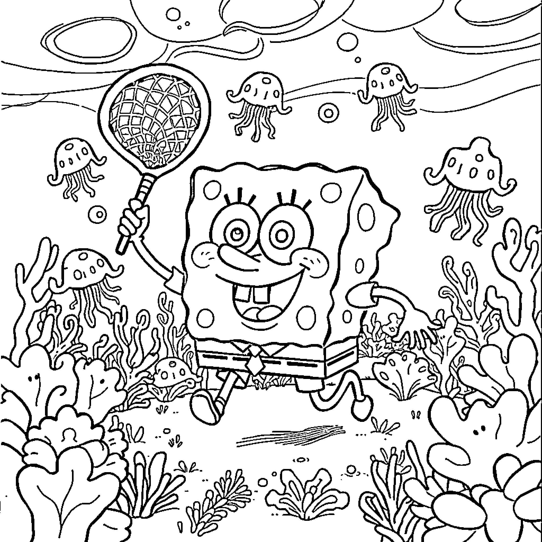 Spongebob and friends exploring the underwater world Coloring Page (free black-and-white line drawing printable PDF for all, from beginners to advanced learners, including children, teens, adults, and seniors)