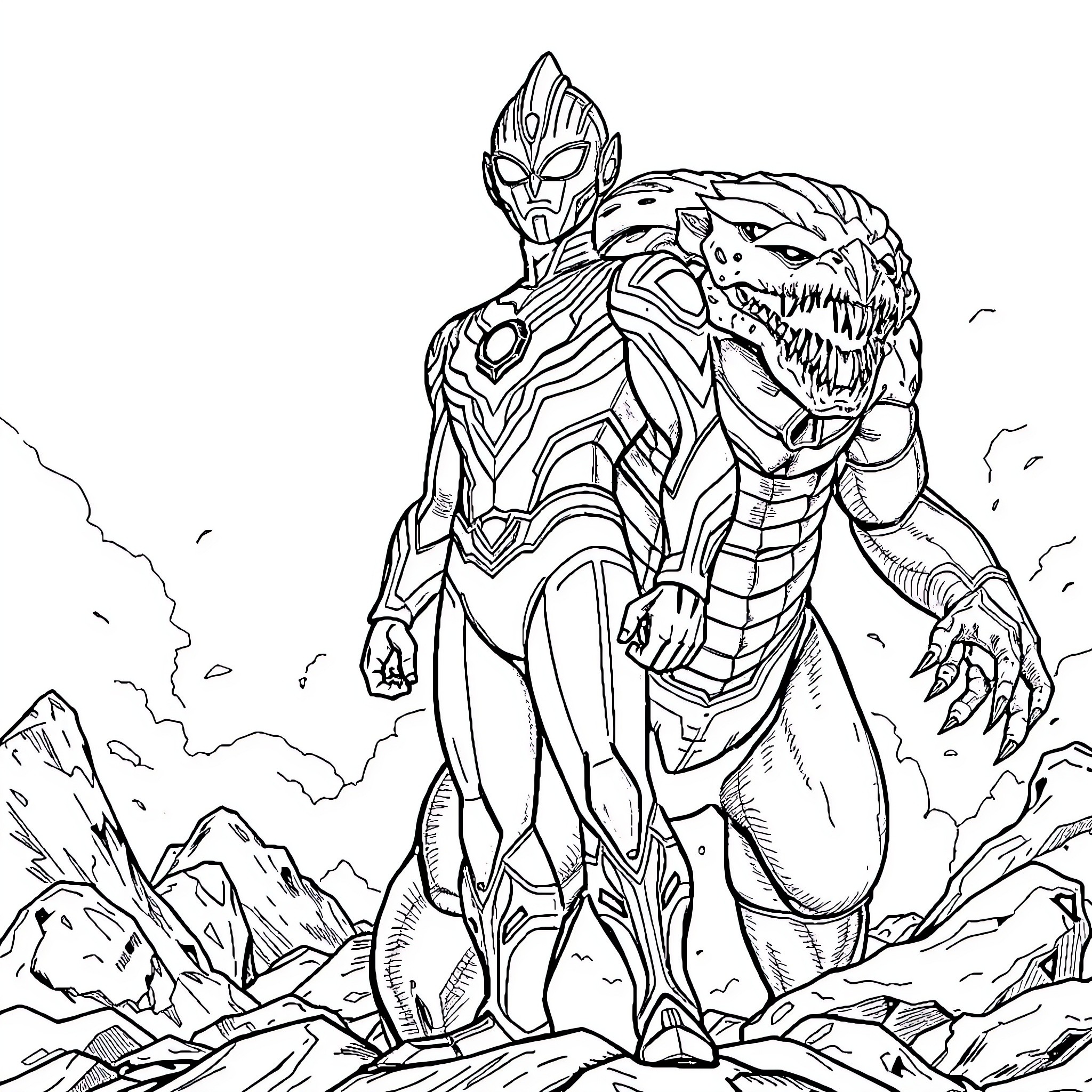 Ultraman battling a monstrous creature in a rugged landscape Coloring Page (free black-and-white line drawing printable PDF for all, from beginners to advanced learners, including children, teens, adults, and seniors)