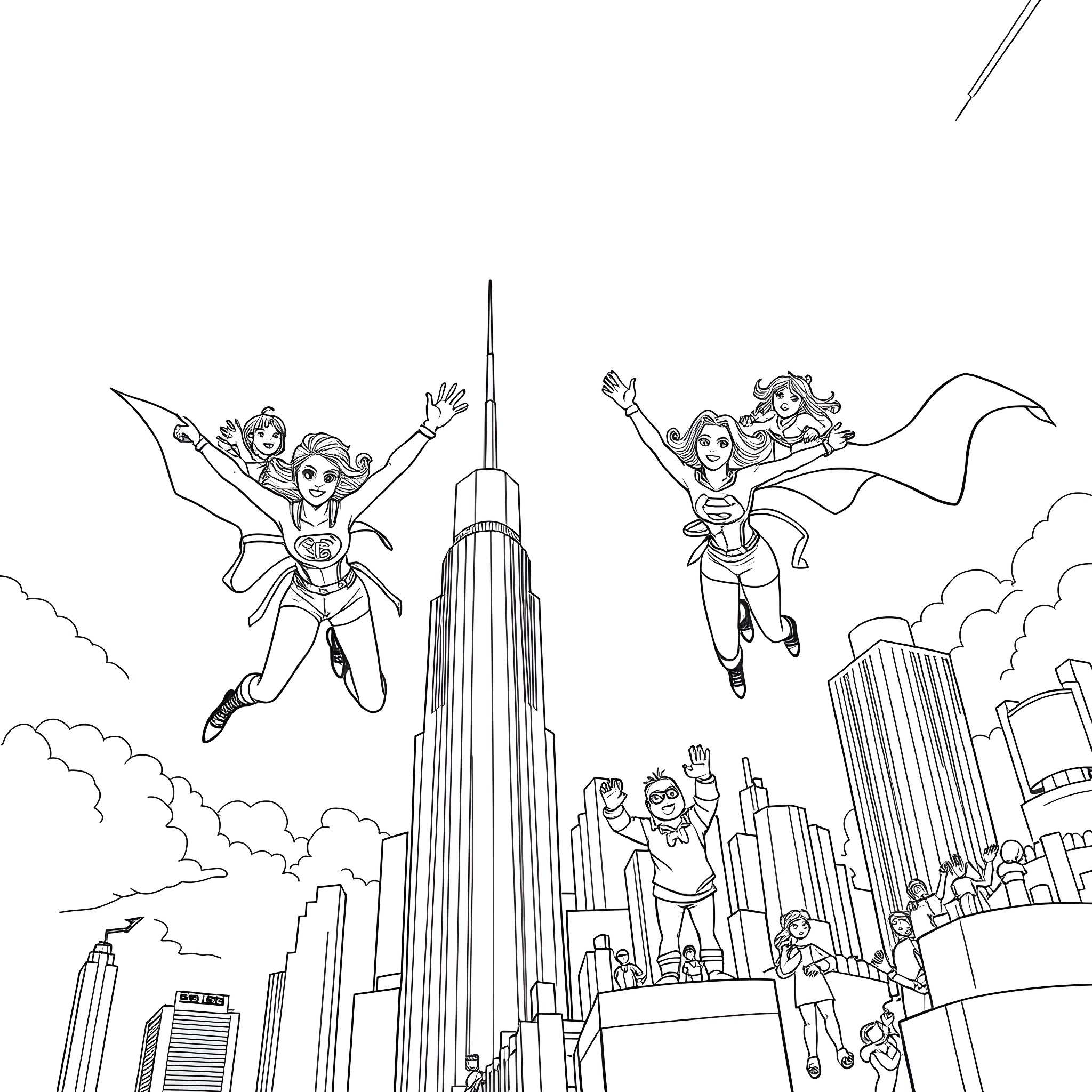 Superhero Girls Soaring Over the City Coloring Page (free black-and-white line drawing printable PDF for all, from beginners to advanced learners, including children, teens, adults, and seniors)