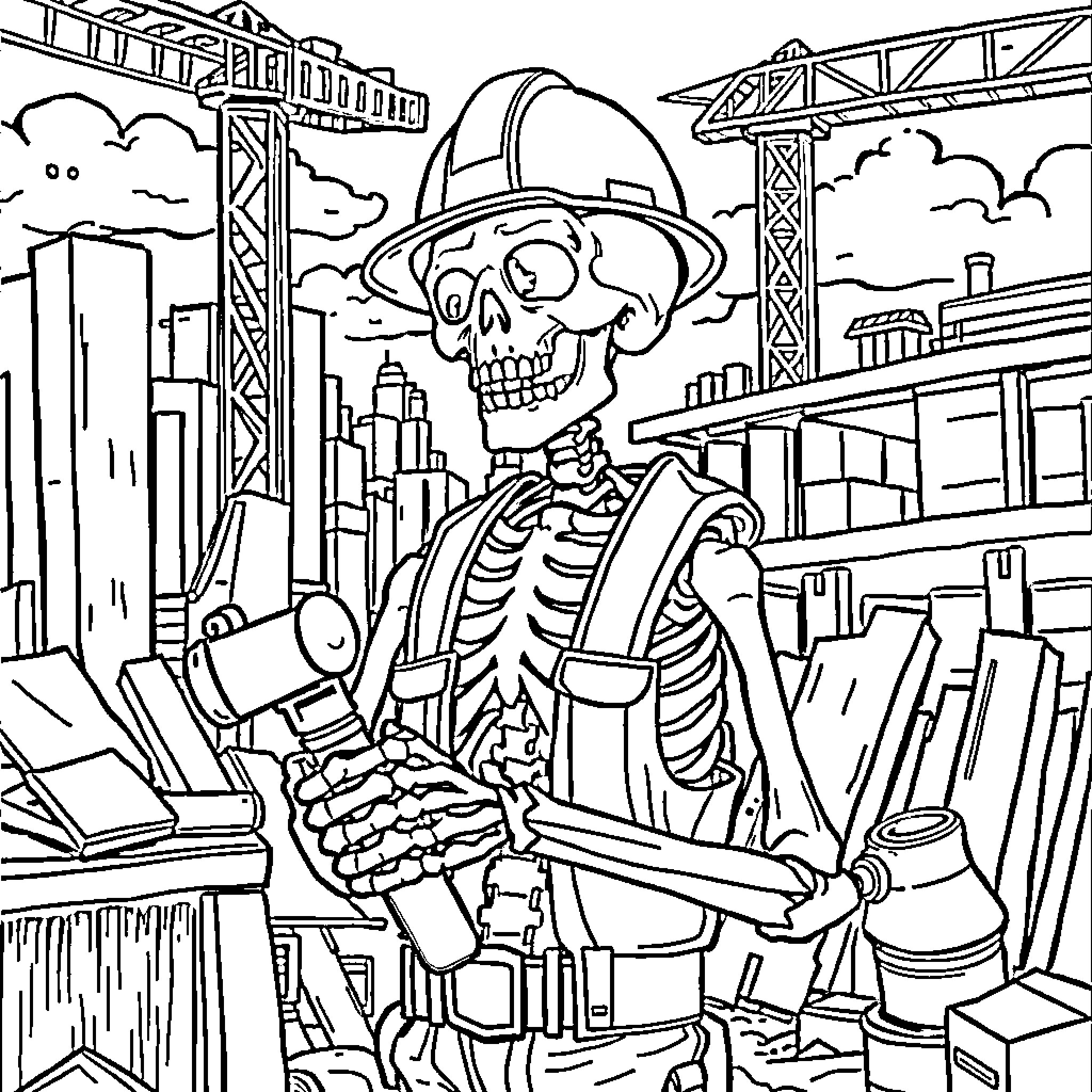 Skeleton Construction Worker Amid Urban Landscape Coloring Page (free black-and-white line drawing printable PDF for all, from beginners to advanced learners, including children, teens, adults, and seniors)