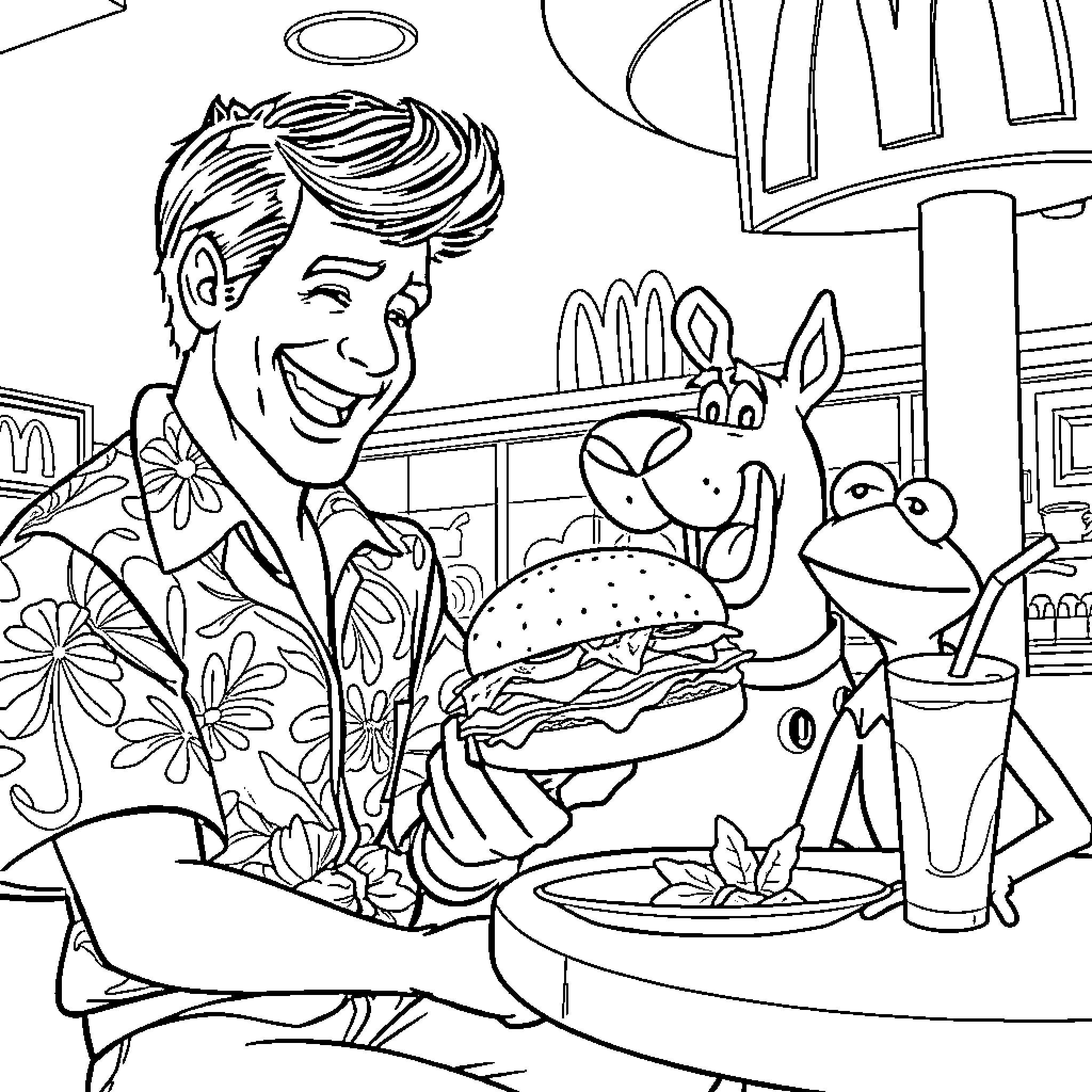 Character Serving Food and Enjoying Friendly Company Coloring Page (free black-and-white line drawing printable PDF for all, from beginners to advanced learners, including children, teens, adults, and seniors)