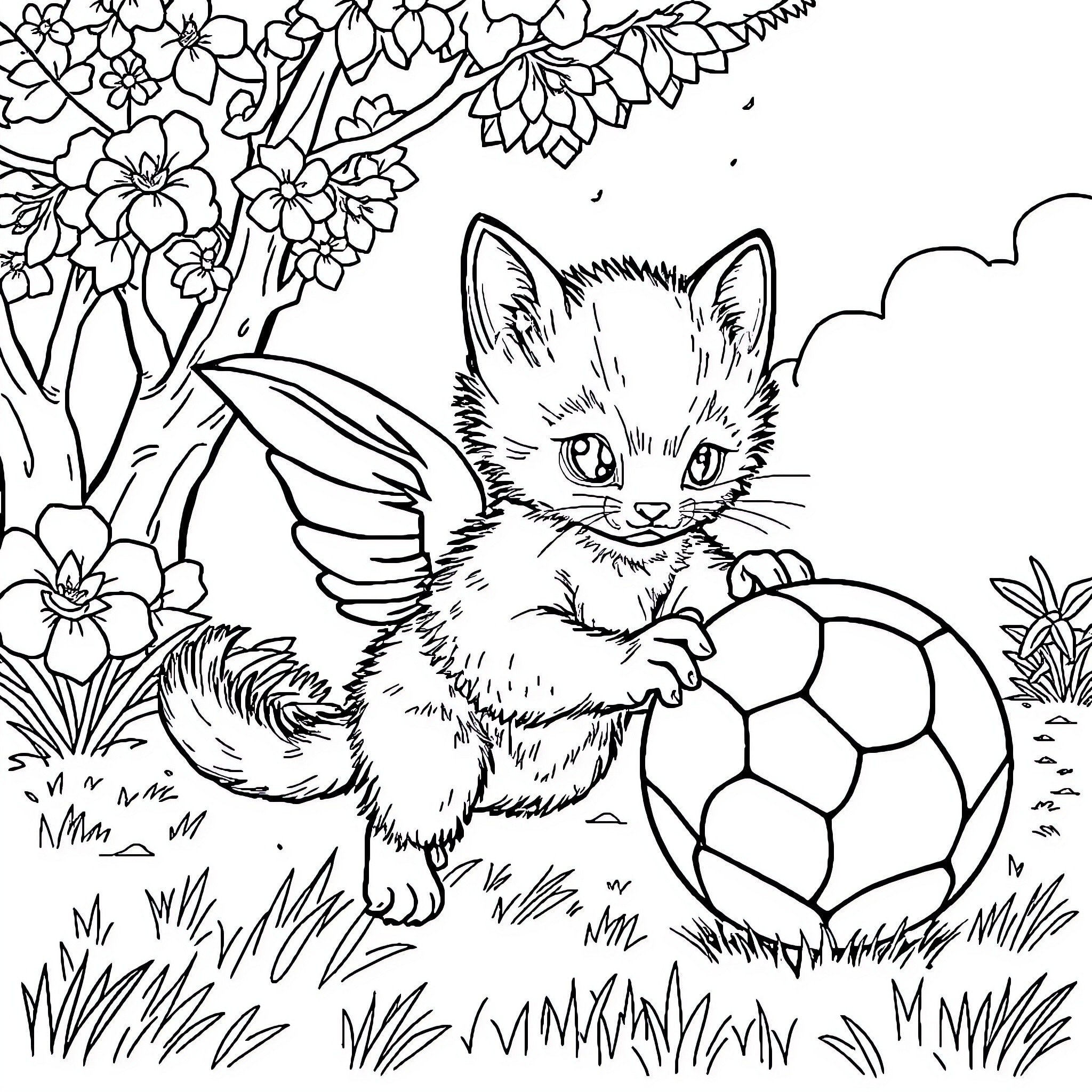 Cat playing with soccer ball in flower field Coloring Page (free black-and-white line drawing printable PDF for all, from beginners to advanced learners, including children, teens, adults, and seniors)