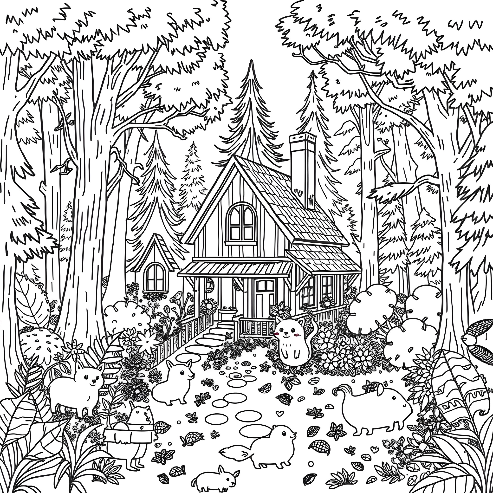 House in the Enchanted Forest with Woodland Creatures Coloring Page (free black-and-white line drawing printable PDF for all, from beginners to advanced learners, including children, teens, adults, and seniors)