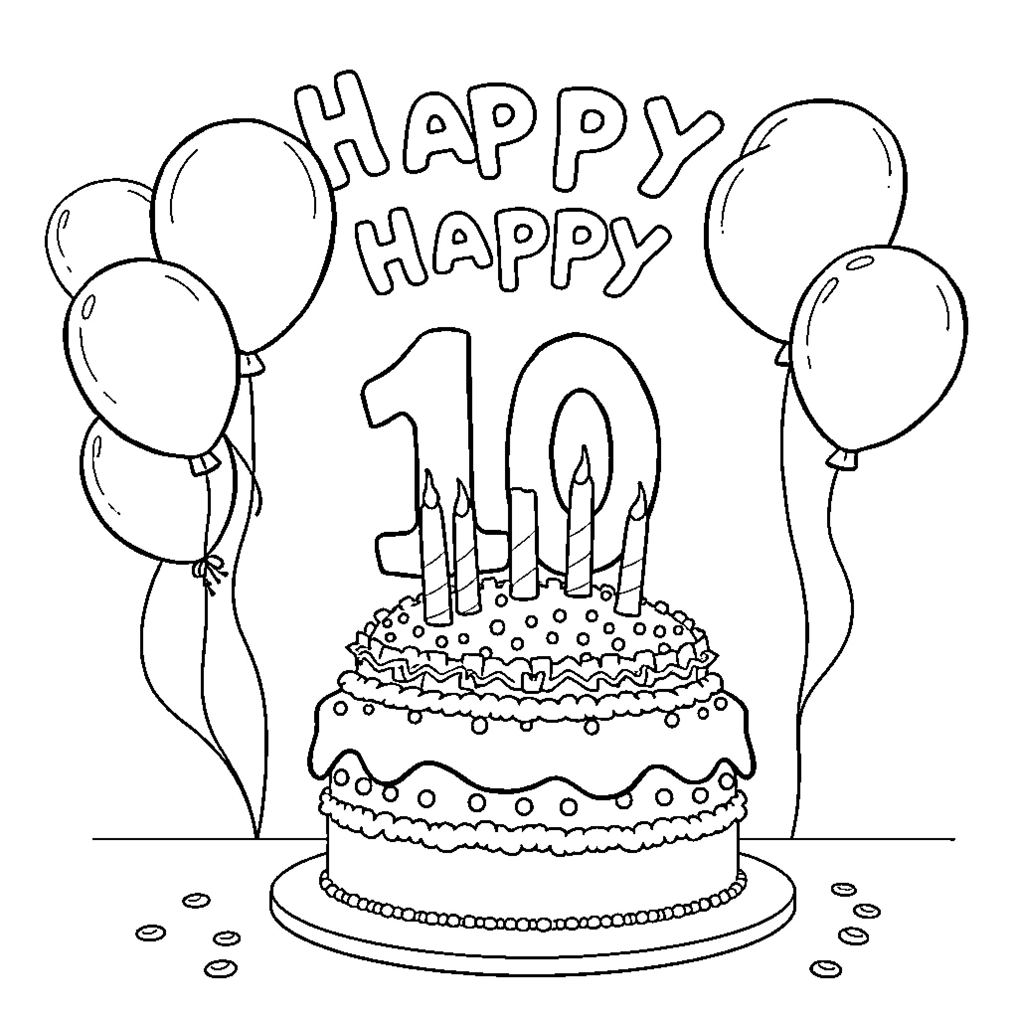 Birthday Cake and Balloons Celebration Coloring Page (free black-and-white line drawing printable PDF for all, from beginners to advanced learners, including children, teens, adults, and seniors)