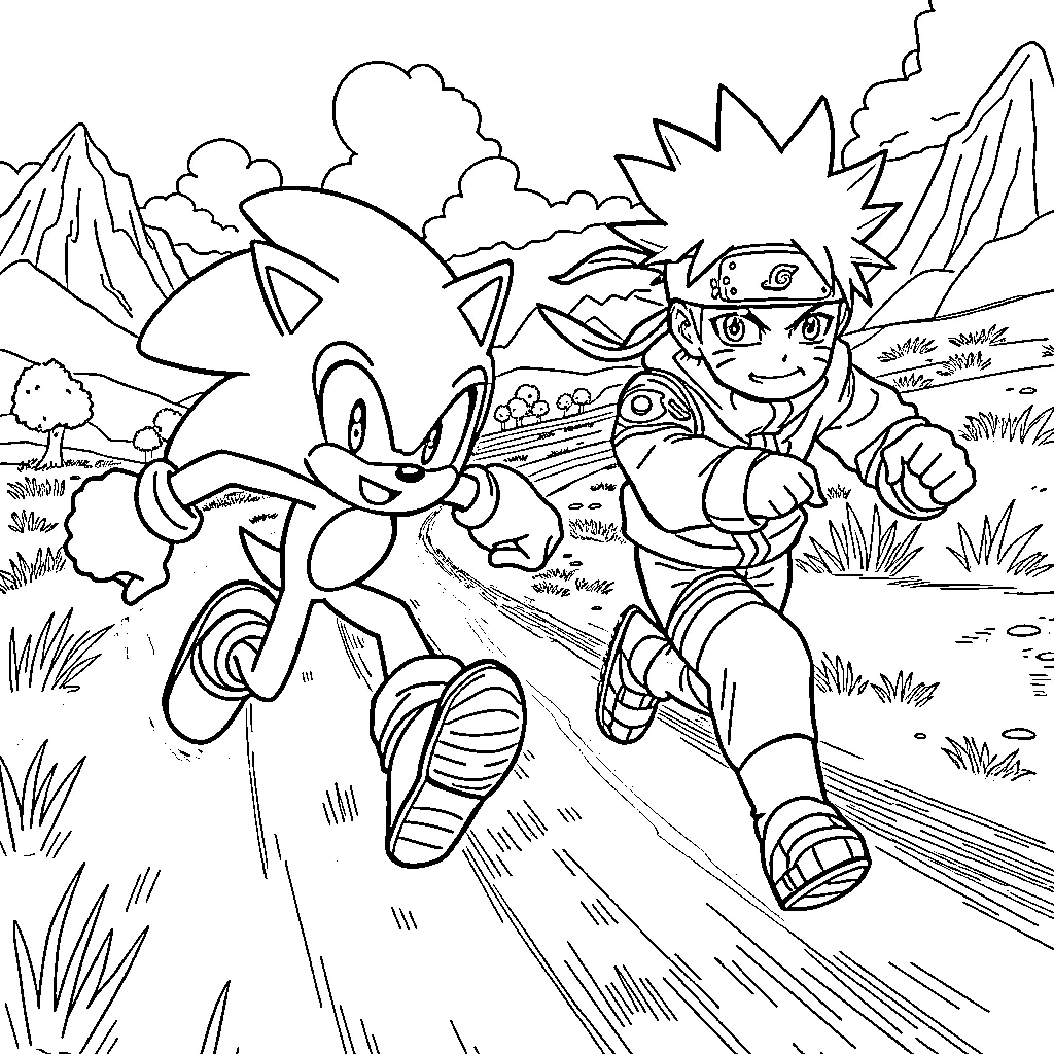 Sonic and Naruto running together in the wild Coloring Page (free black-and-white line drawing printable PDF for all, from beginners to advanced learners, including children, teens, adults, and seniors)