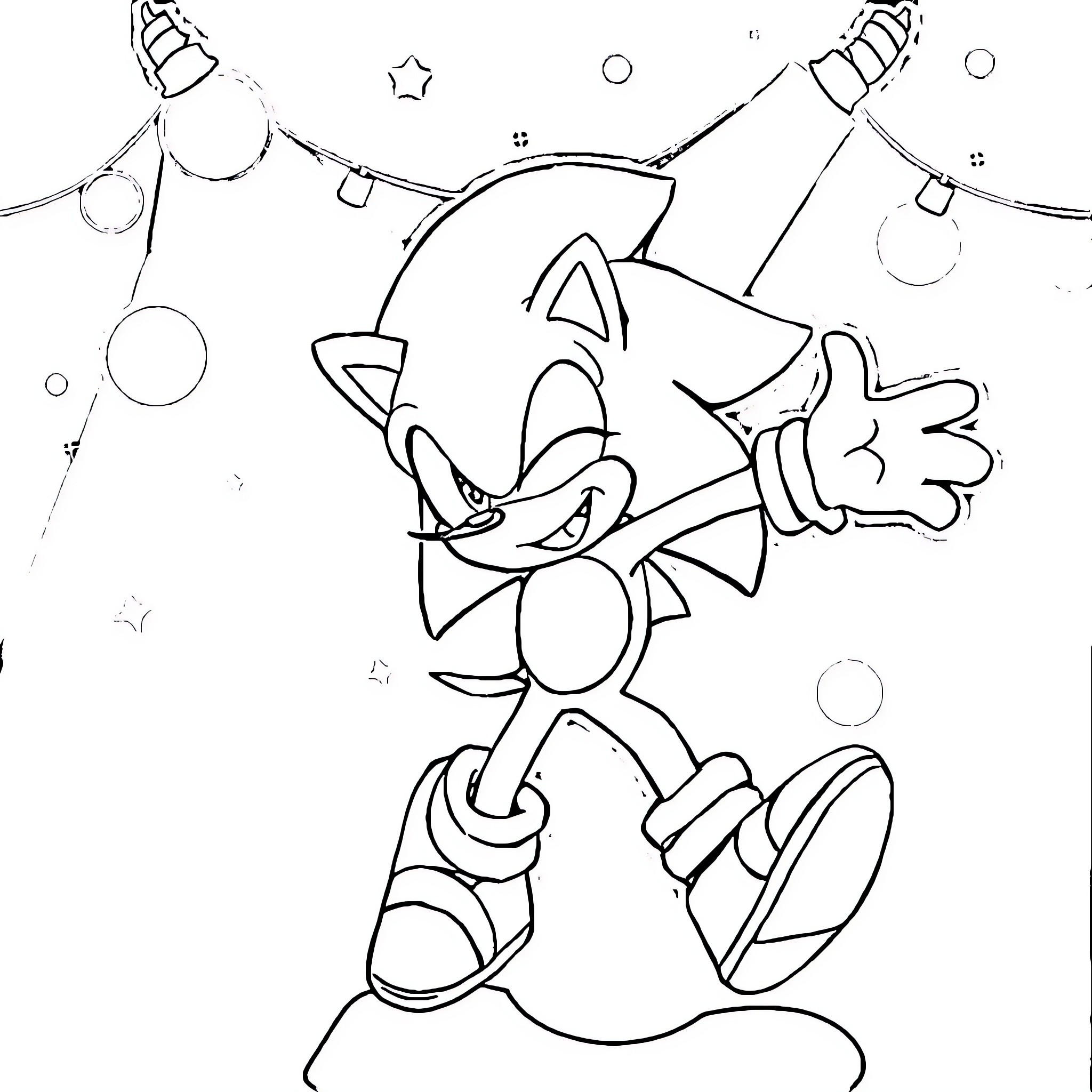 Sonic surrounded by festive lights and shapes Coloring Page (free black-and-white line drawing printable PDF for all, from beginners to advanced learners, including children, teens, adults, and seniors)