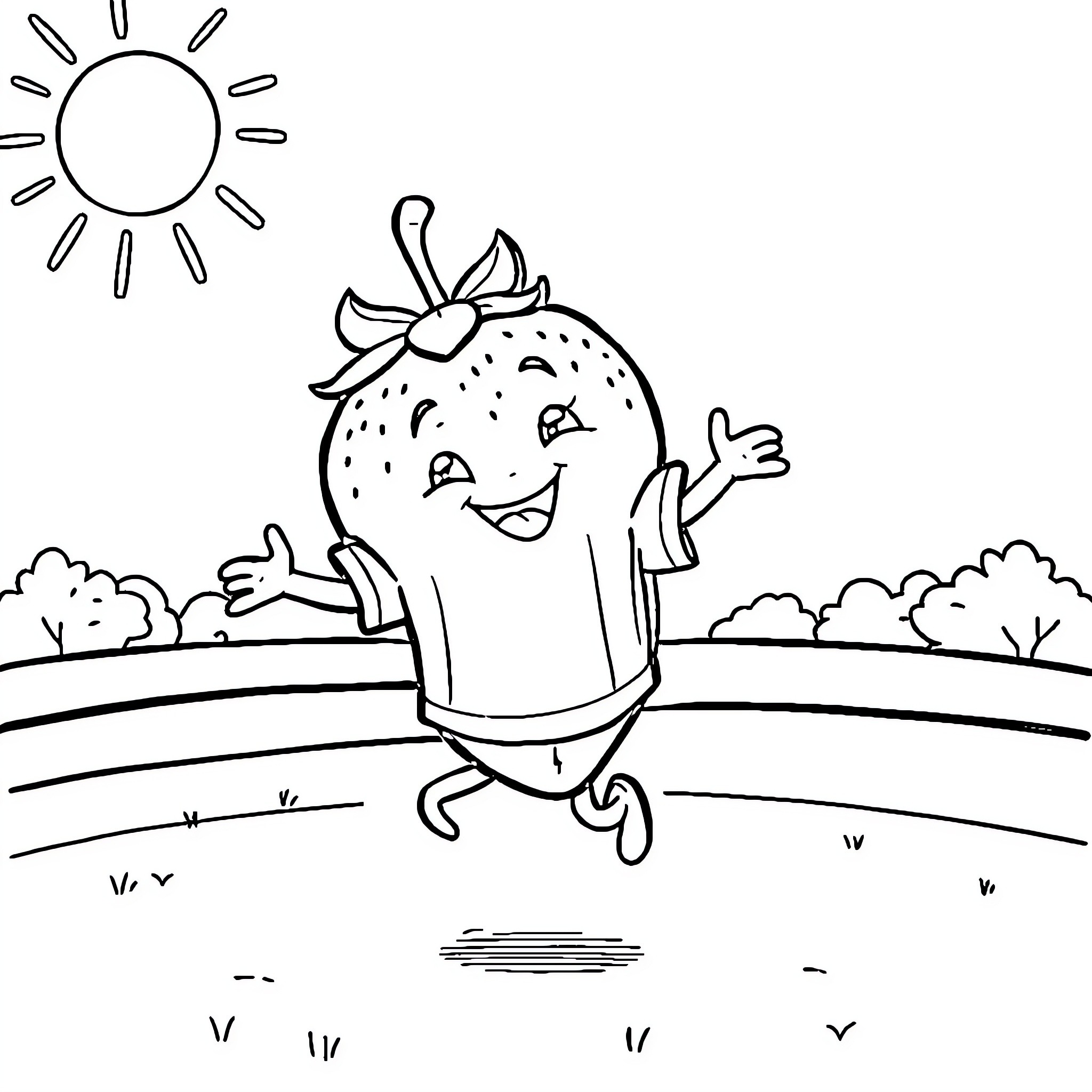 Strawberry character frolicking happily in the sun Coloring Page (free black-and-white line drawing printable PDF for all, from beginners to advanced learners, including children, teens, adults, and seniors)