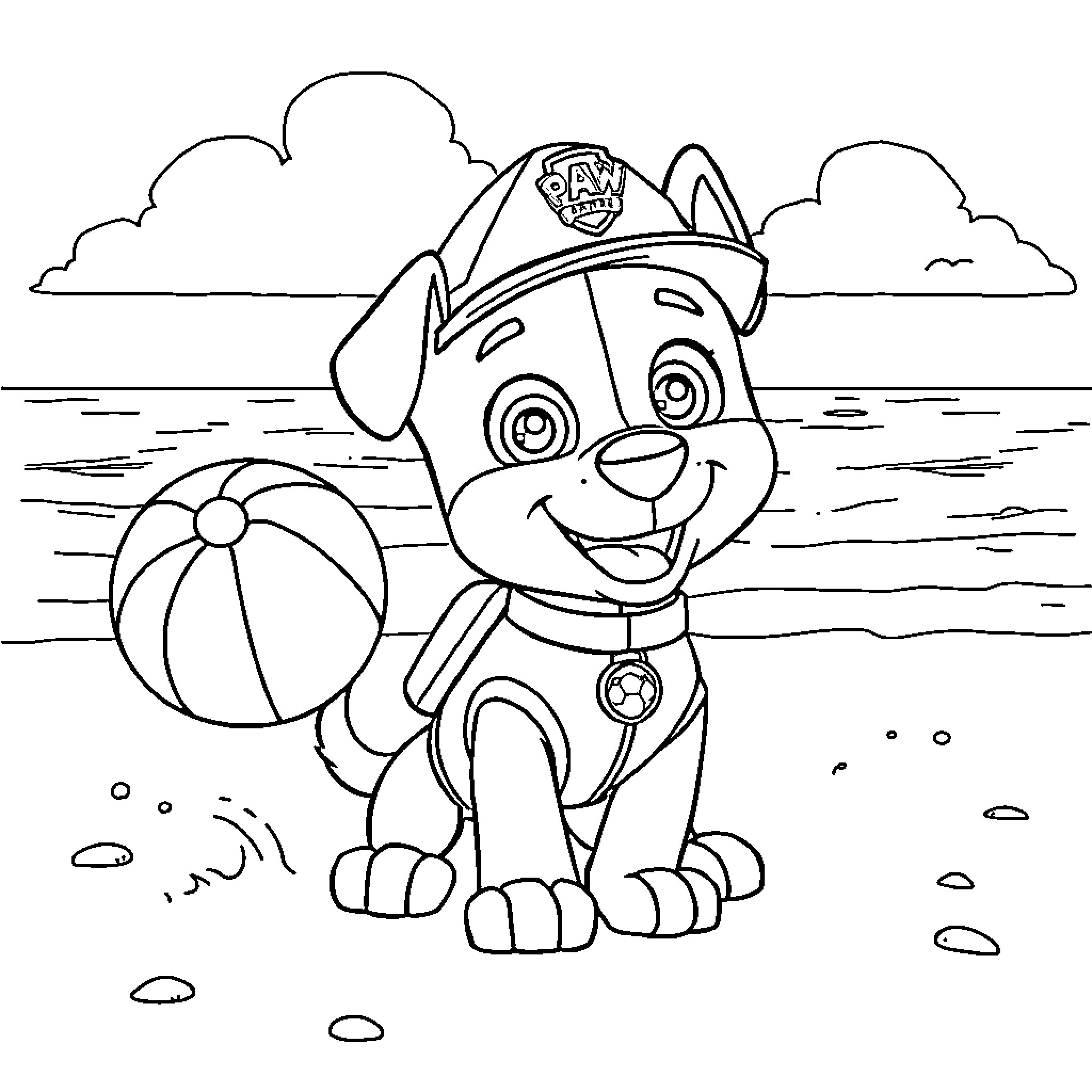 Chase the Pup's Beach Adventure Coloring Page (free black-and-white line drawing printable PDF for all, from beginners to advanced learners, including children, teens, adults, and seniors)