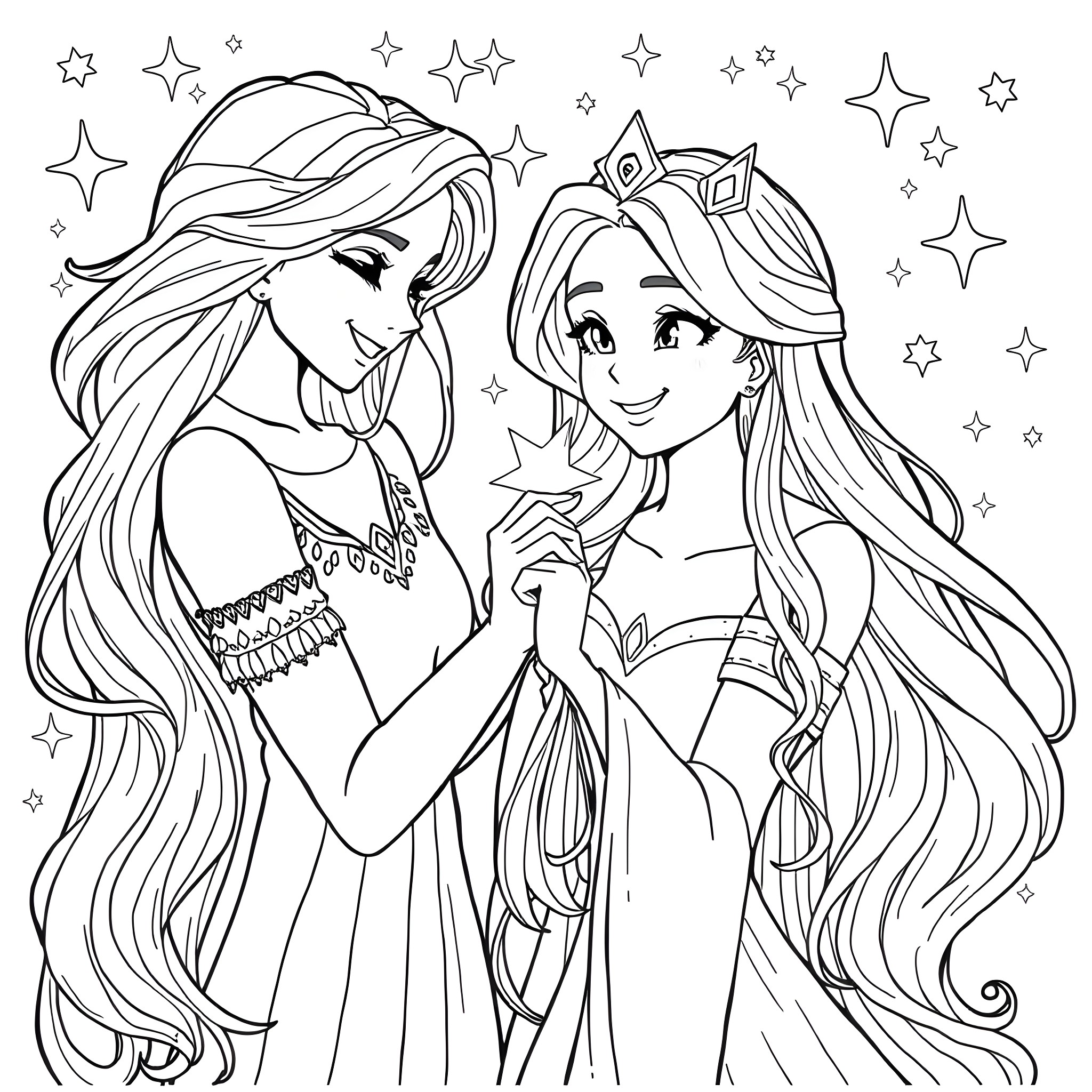Amity Blight and Princess Sparkle in a Magical Embrace Coloring Page (free black-and-white line drawing printable PDF for all, from beginners to advanced learners, including children, teens, adults, and seniors)