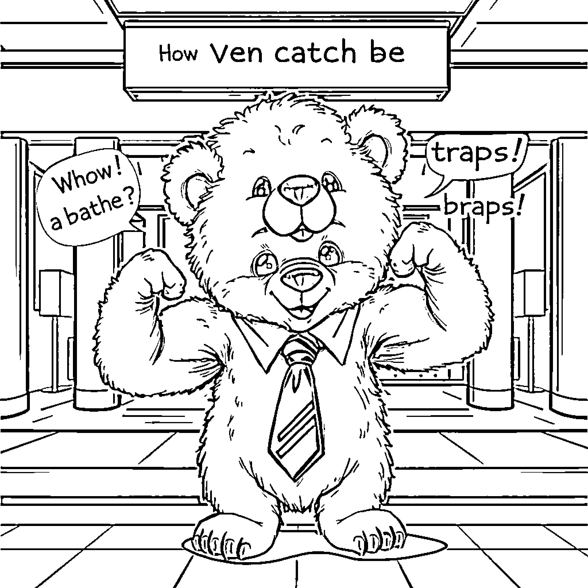 Bear Cub excited about traps and praps Coloring Page (free black-and-white line drawing printable PDF for all, from beginners to advanced learners, including children, teens, adults, and seniors)