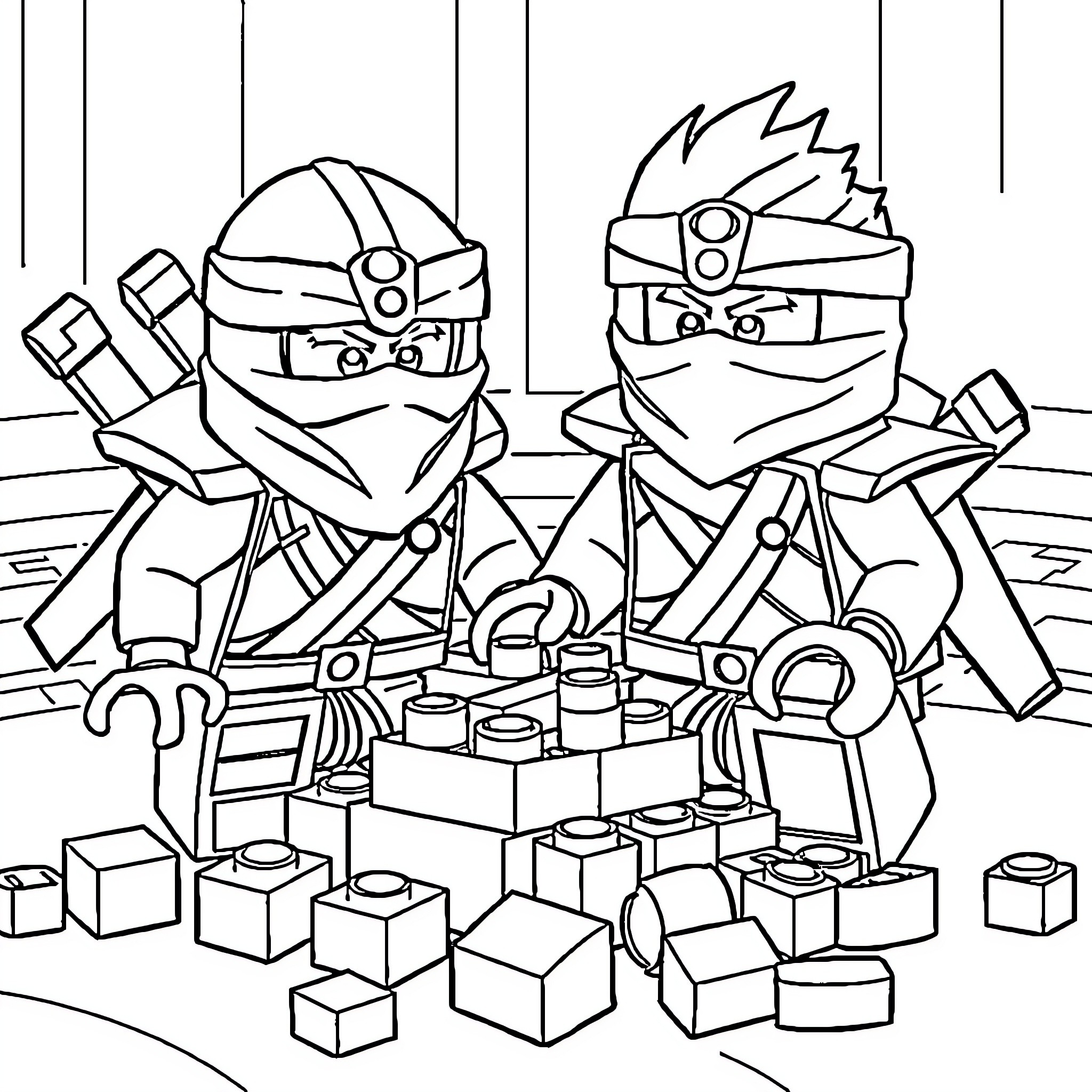 Ninjago warriors engaged in combat with toy bricks Coloring Page (free black-and-white line drawing printable PDF for all, from beginners to advanced learners, including children, teens, adults, and seniors)