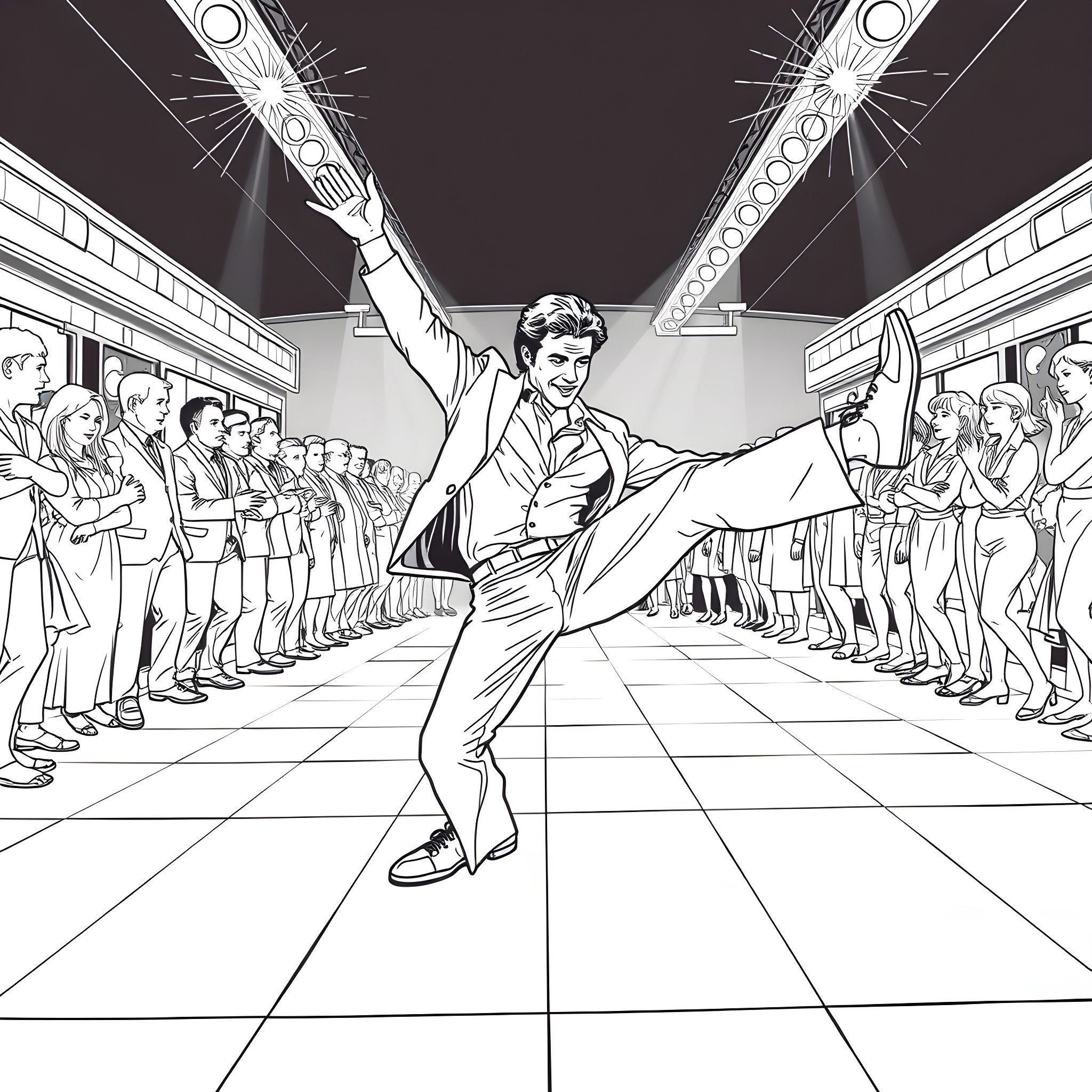 John Travolta's Iconic Dance Performance on Stage Coloring Page (free black-and-white line drawing printable PDF for all, from beginners to advanced learners, including children, teens, adults, and seniors)