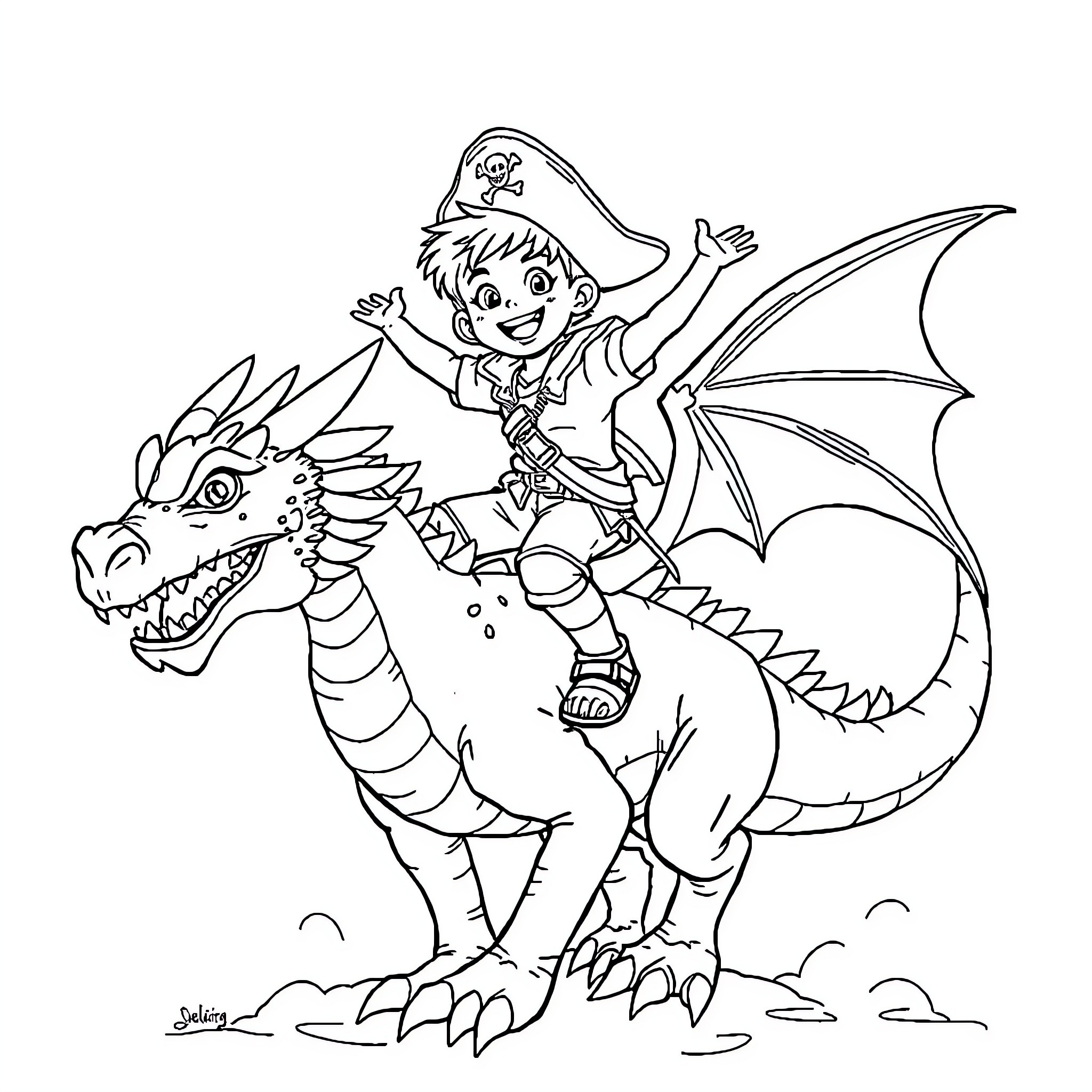 Boy riding a playful dragon Coloring Page (free black-and-white line drawing printable PDF for all, from beginners to advanced learners, including children, teens, adults, and seniors)