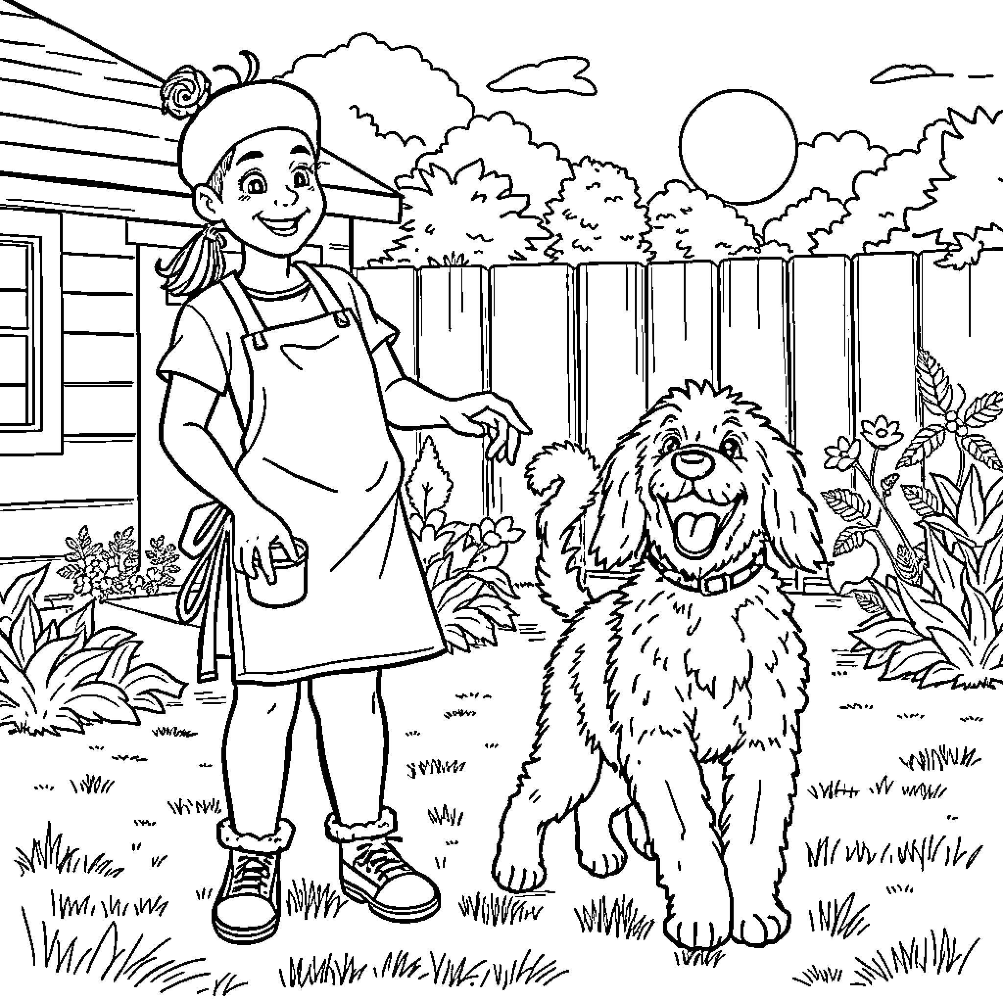 Pizza Maker Tending to Playful Dog in Garden Coloring Page (free black-and-white line drawing printable PDF for all, from beginners to advanced learners, including children, teens, adults, and seniors)