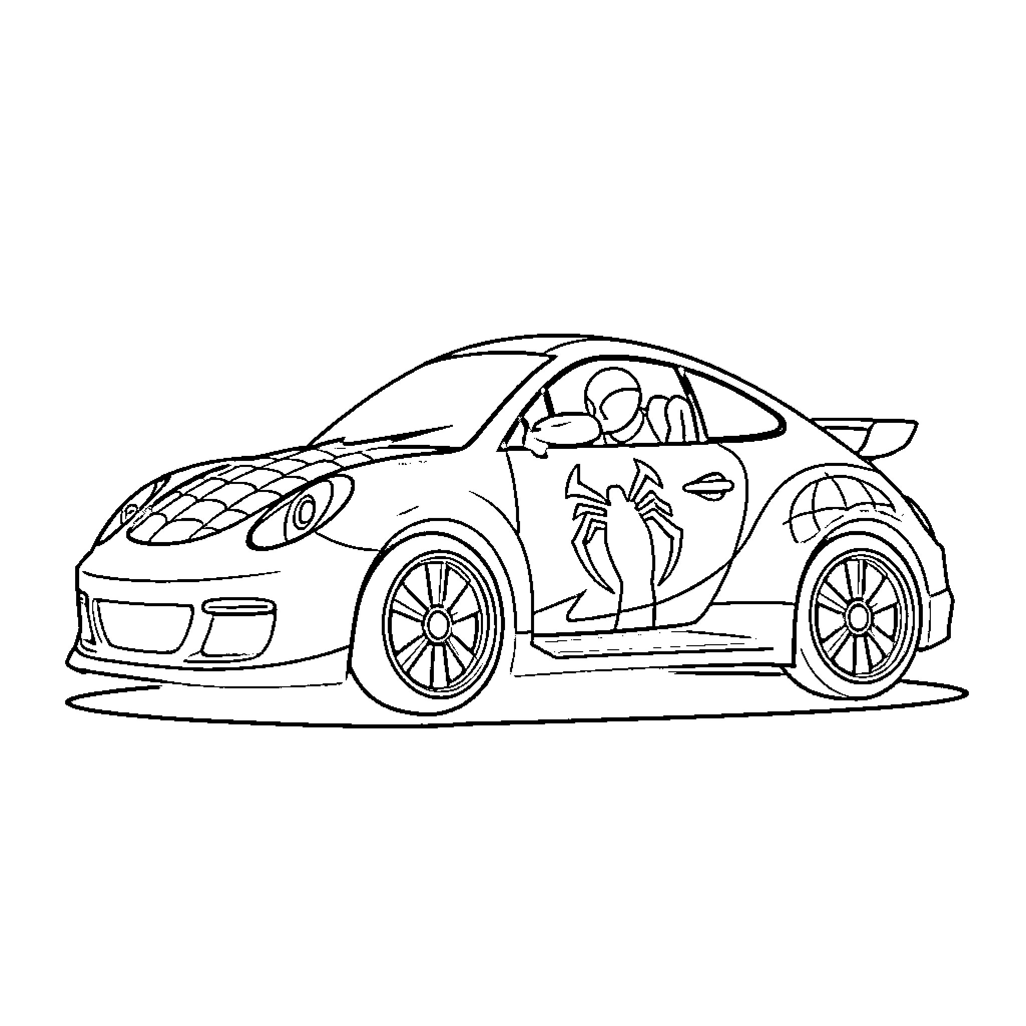 Spiderman's sports car in action Coloring Page (free black-and-white line drawing printable PDF for all, from beginners to advanced learners, including children, teens, adults, and seniors)