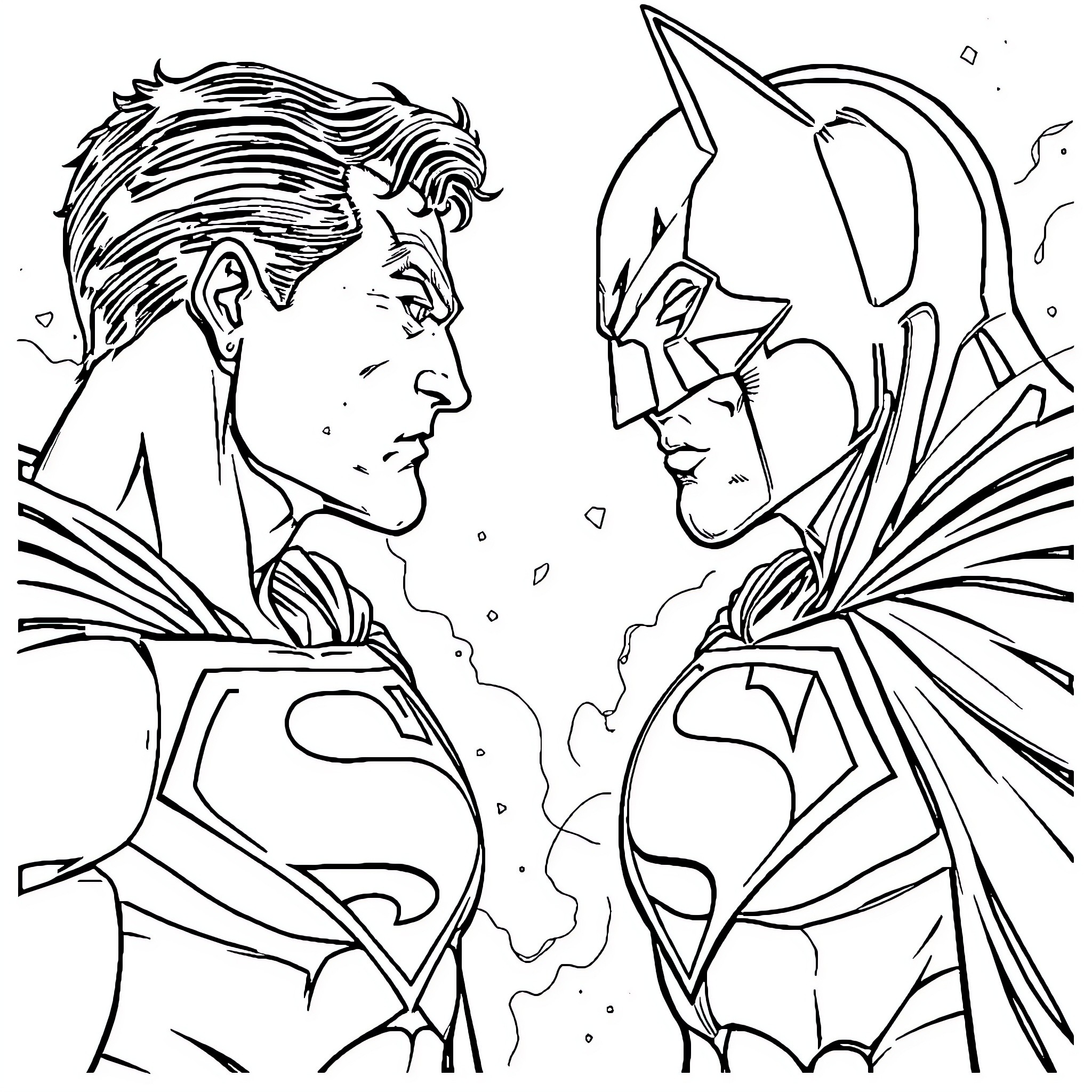 Superman vs Batman: Clash of Superheroes Coloring Page (free black-and-white line drawing printable PDF for all, from beginners to advanced learners, including children, teens, adults, and seniors)