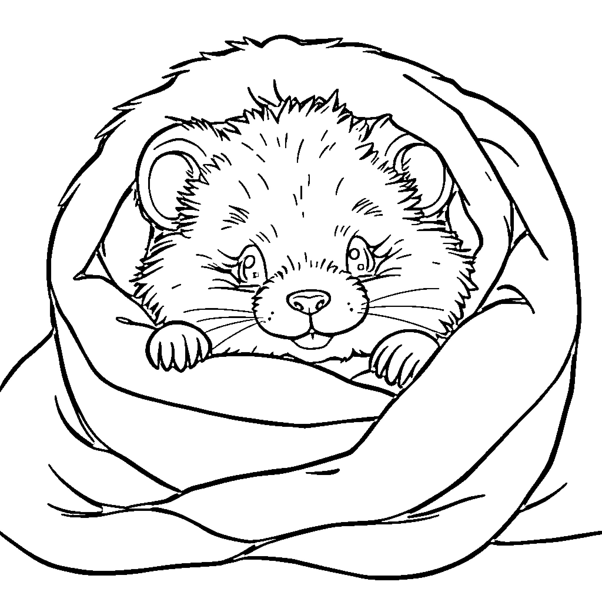 Hamster peeking out from a cozy blanket Coloring Page (free black-and-white line drawing printable PDF for all, from beginners to advanced learners, including children, teens, adults, and seniors)