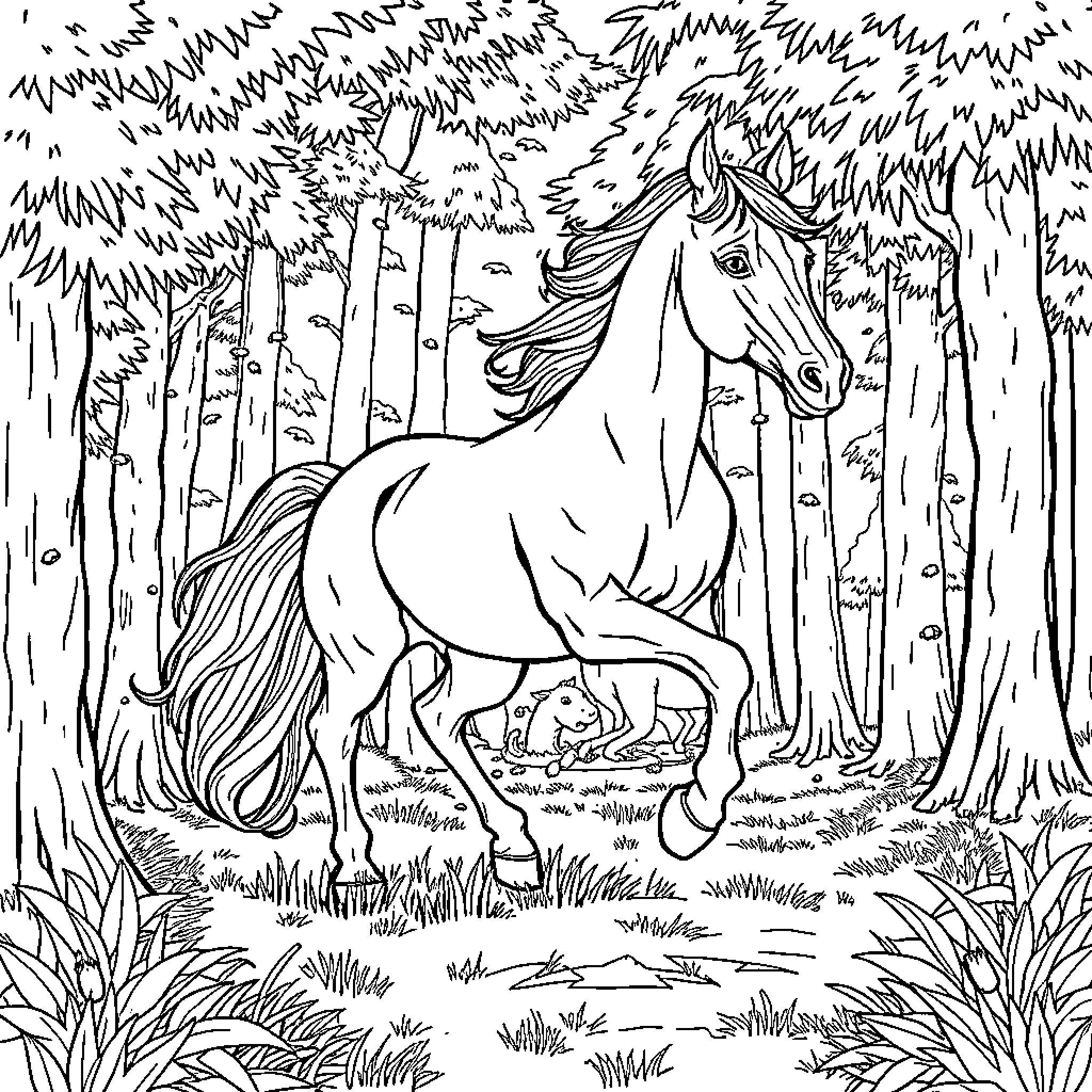 Horse galloping through lush forest Coloring Page (free black-and-white line drawing printable PDF for all, from beginners to advanced learners, including children, teens, adults, and seniors)