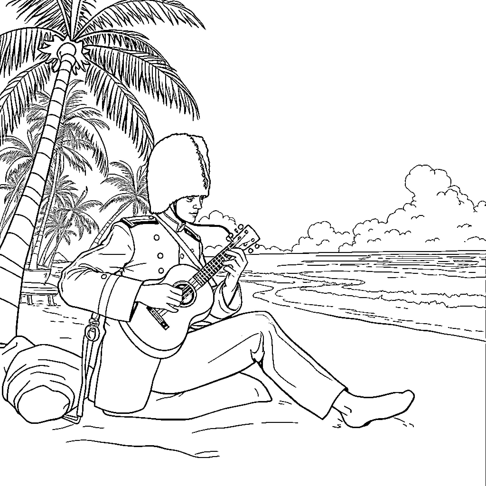 London Guard playing guitar on tropical beach Coloring Page (free black-and-white line drawing printable PDF for all, from beginners to advanced learners, including children, teens, adults, and seniors)