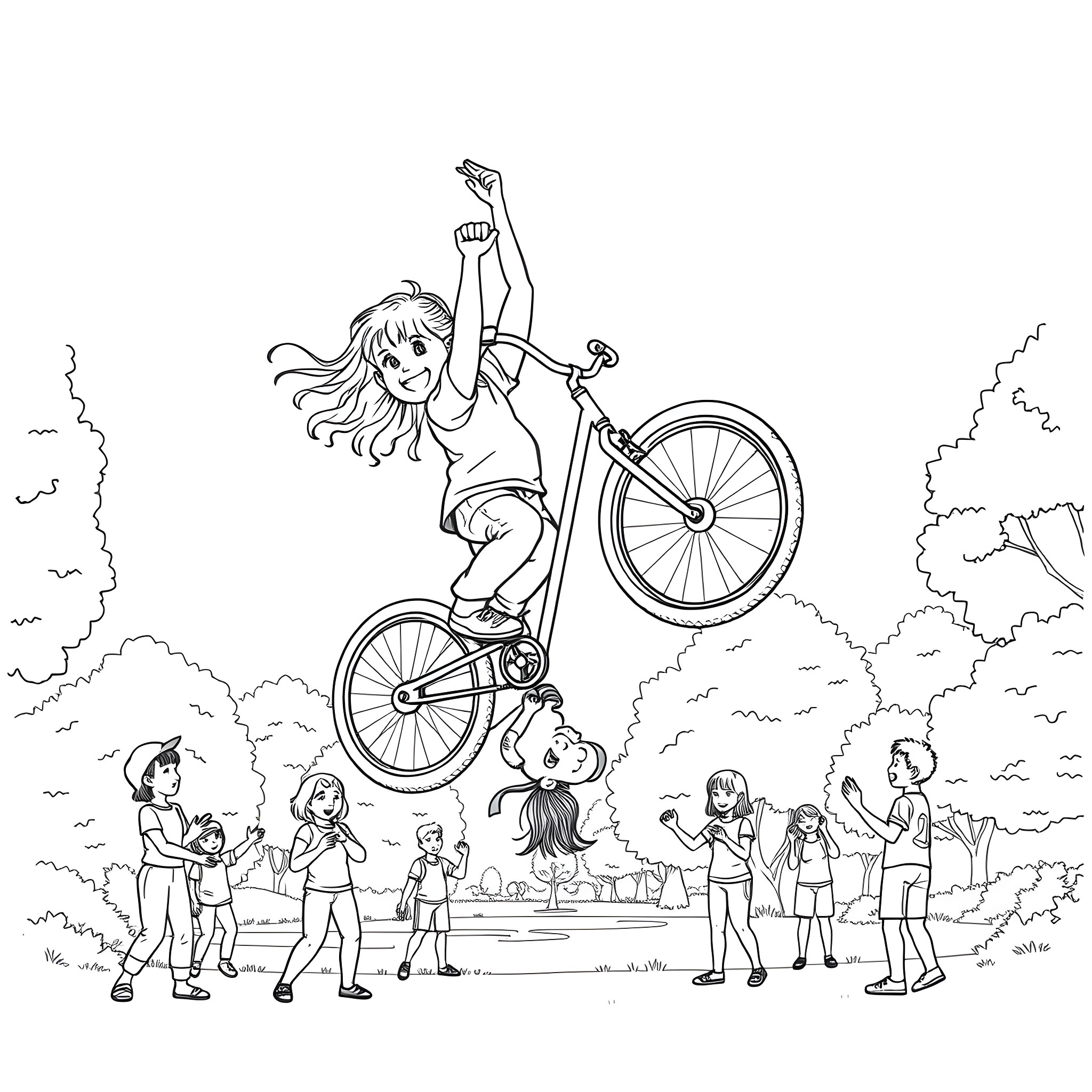 Child rides bicycle with joy among friends in the park Coloring Page (free black-and-white line drawing printable PDF for all, from beginners to advanced learners, including children, teens, adults, and seniors)