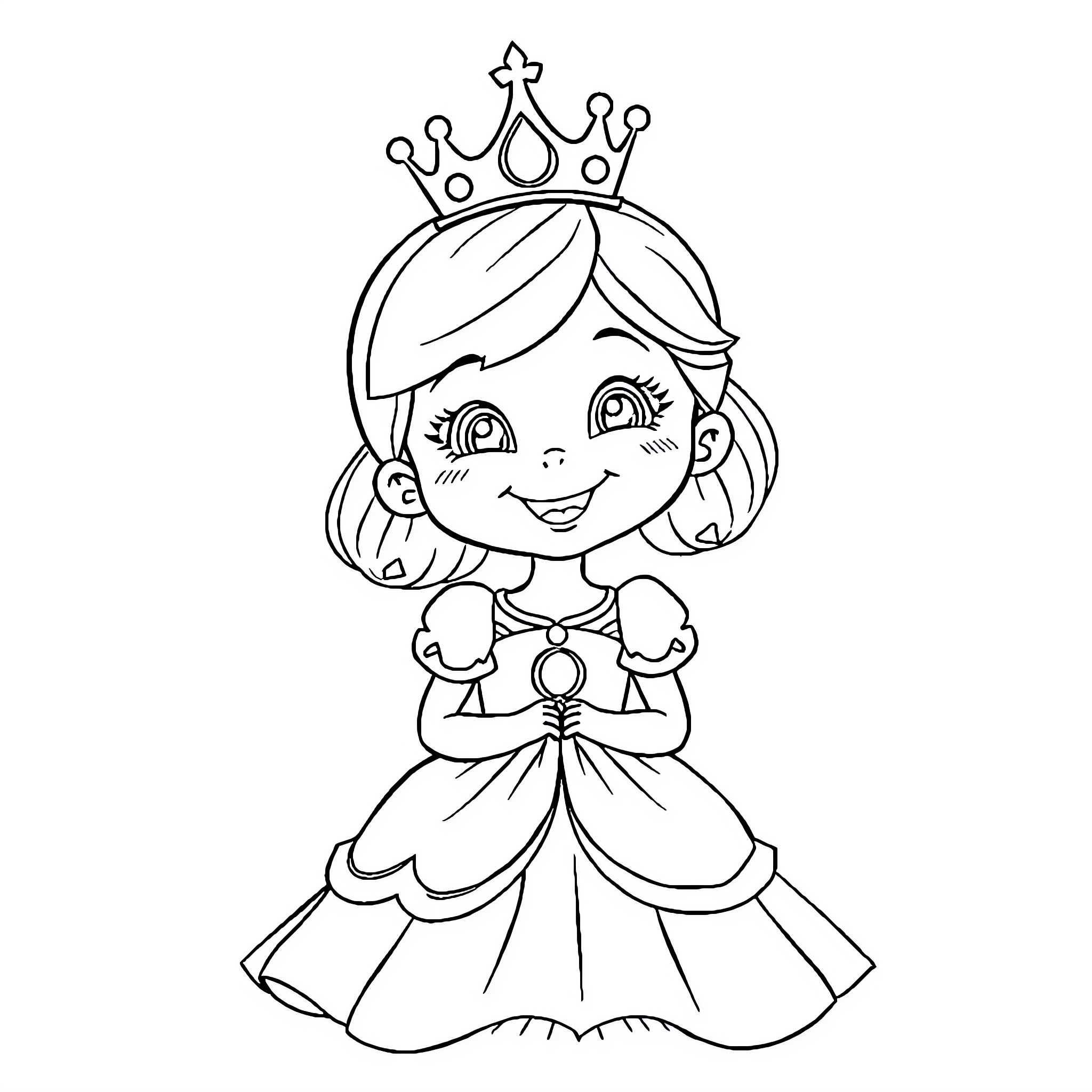 Girl dressed as a happy princess Coloring Page (free black-and-white line drawing printable PDF for all, from beginners to advanced learners, including children, teens, adults, and seniors)