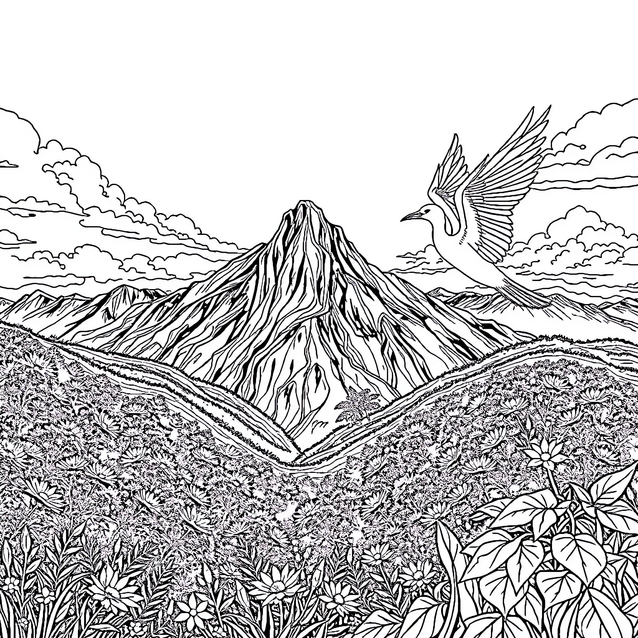 Scenery of a Mountainous Landscape with a Flying Bird Coloring Page (free black-and-white line drawing printable PDF for all, from beginners to advanced learners, including children, teens, adults, and seniors)