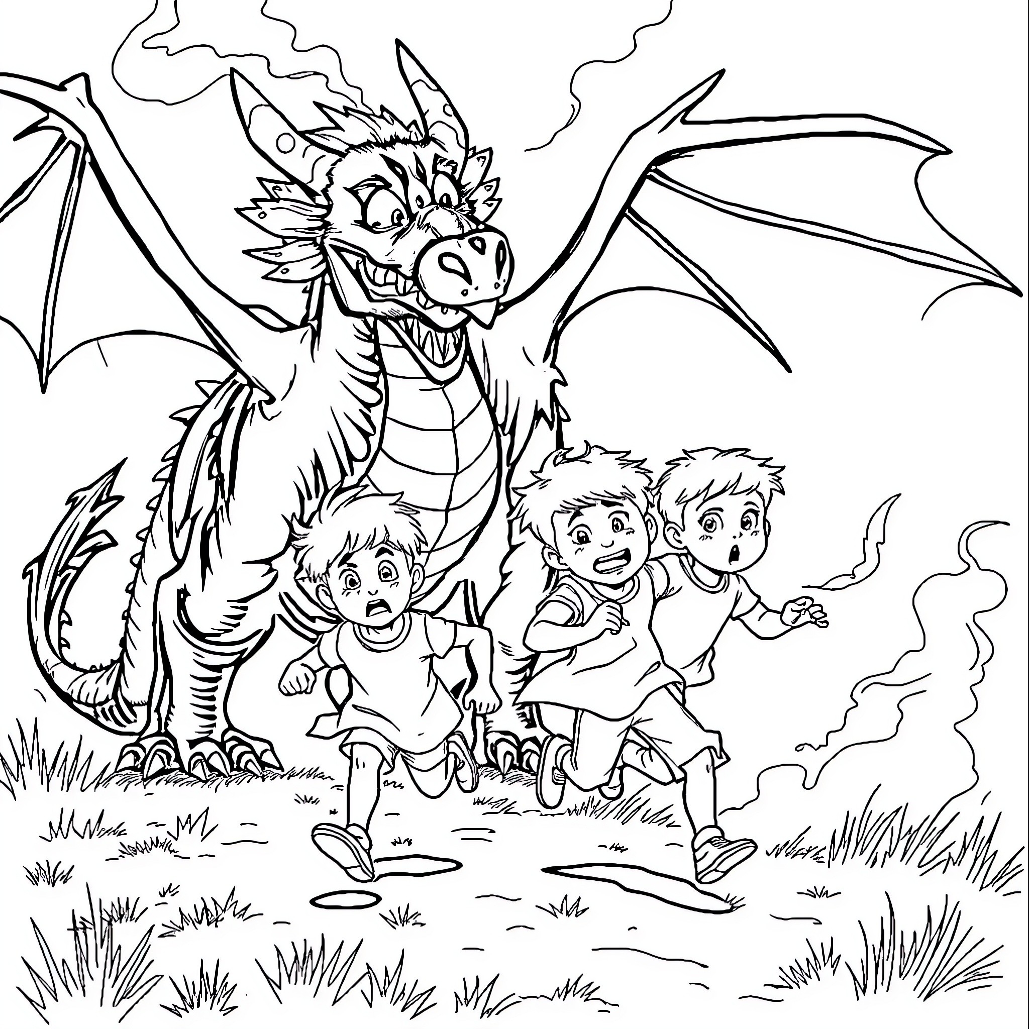 Kid scared of the fierce dragon in the meadow Coloring Page (free black-and-white line drawing printable PDF for all, from beginners to advanced learners, including children, teens, adults, and seniors)