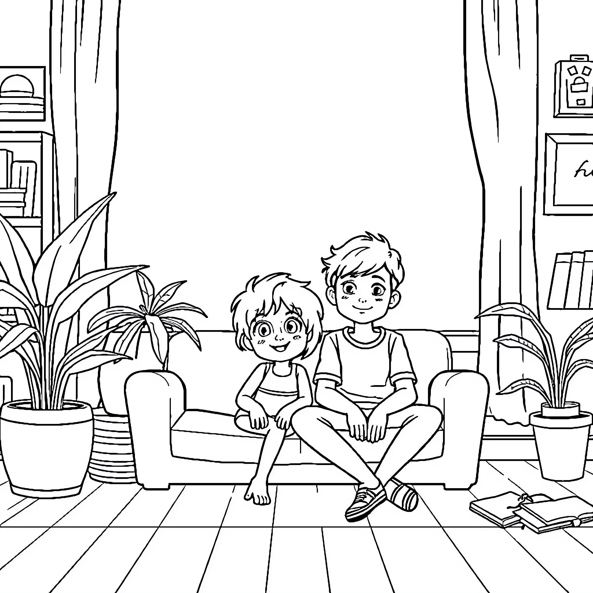 C00lkid enjoying quality time with friends indoors Coloring Page (free black-and-white line drawing printable PDF for all, from beginners to advanced learners, including children, teens, adults, and seniors)