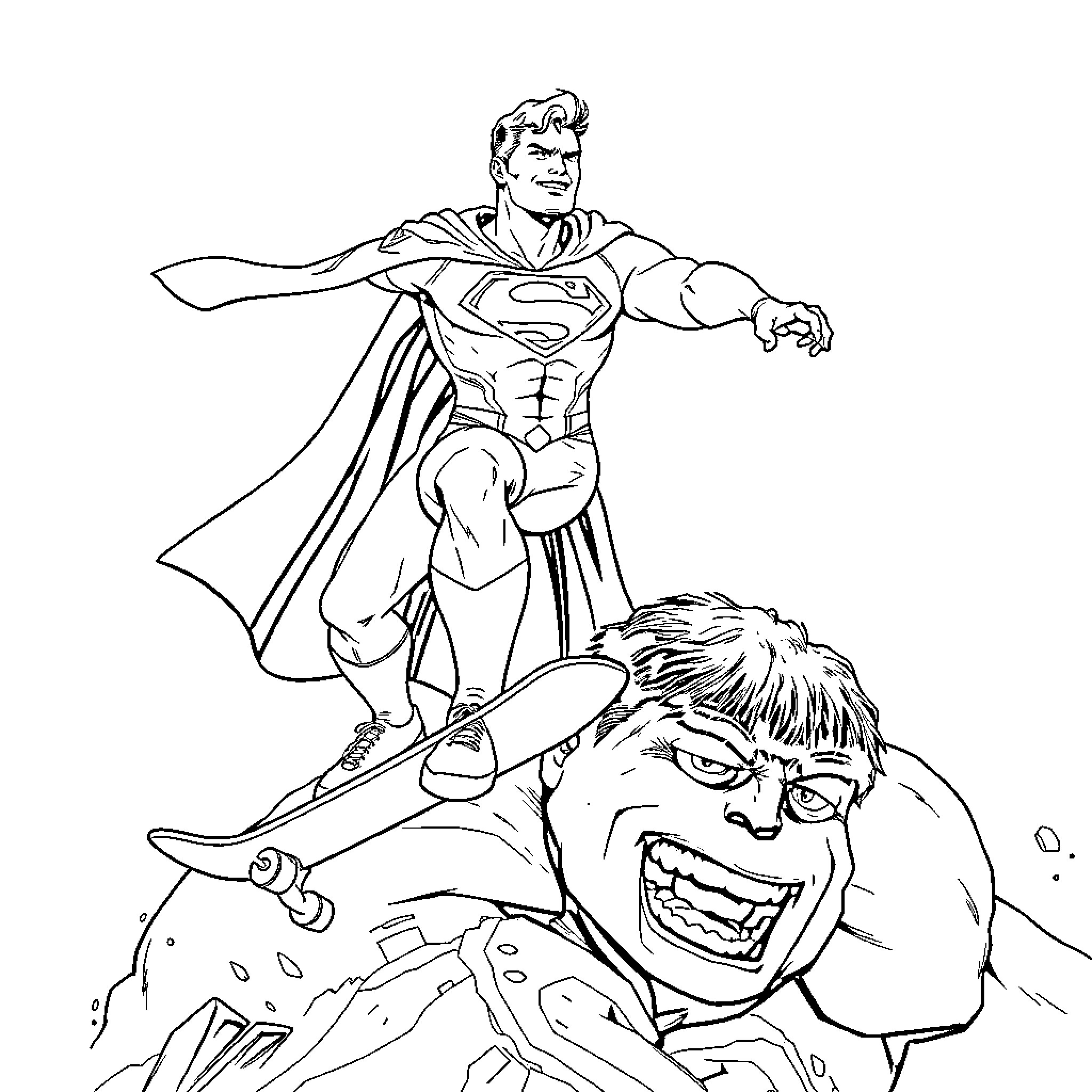 Superman heroically defeating a foe Coloring Page (free black-and-white line drawing printable PDF for all, from beginners to advanced learners, including children, teens, adults, and seniors)