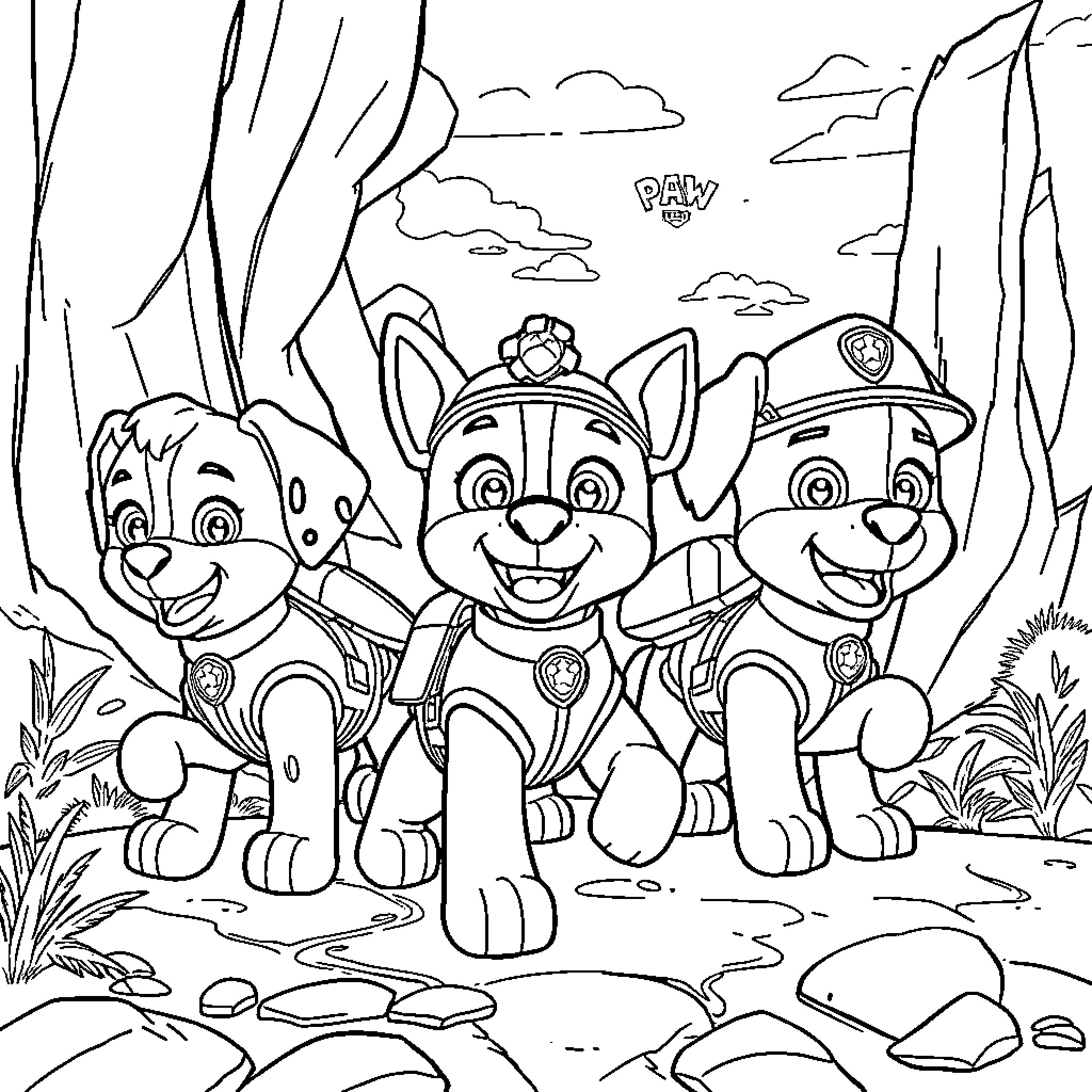 Paw Patrol Pups Exploring the Wilderness Coloring Page (free black-and-white line drawing printable PDF for all, from beginners to advanced learners, including children, teens, adults, and seniors)