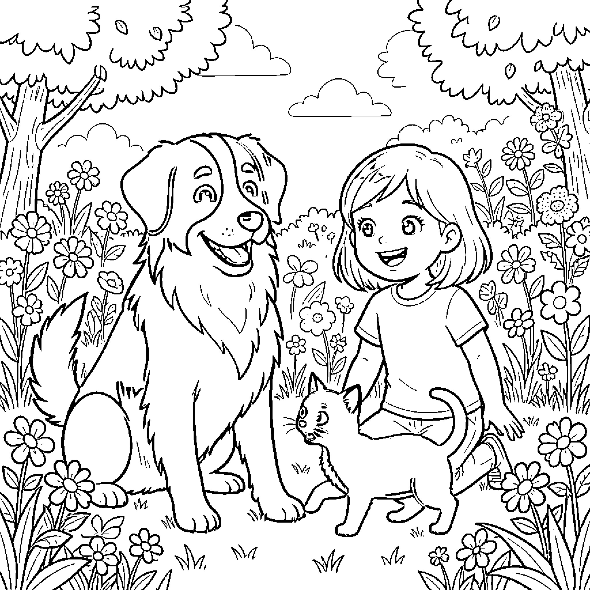 Dog and Girl Exploring the Flower Garden Coloring Page (free black-and-white line drawing printable PDF for all, from beginners to advanced learners, including children, teens, adults, and seniors)