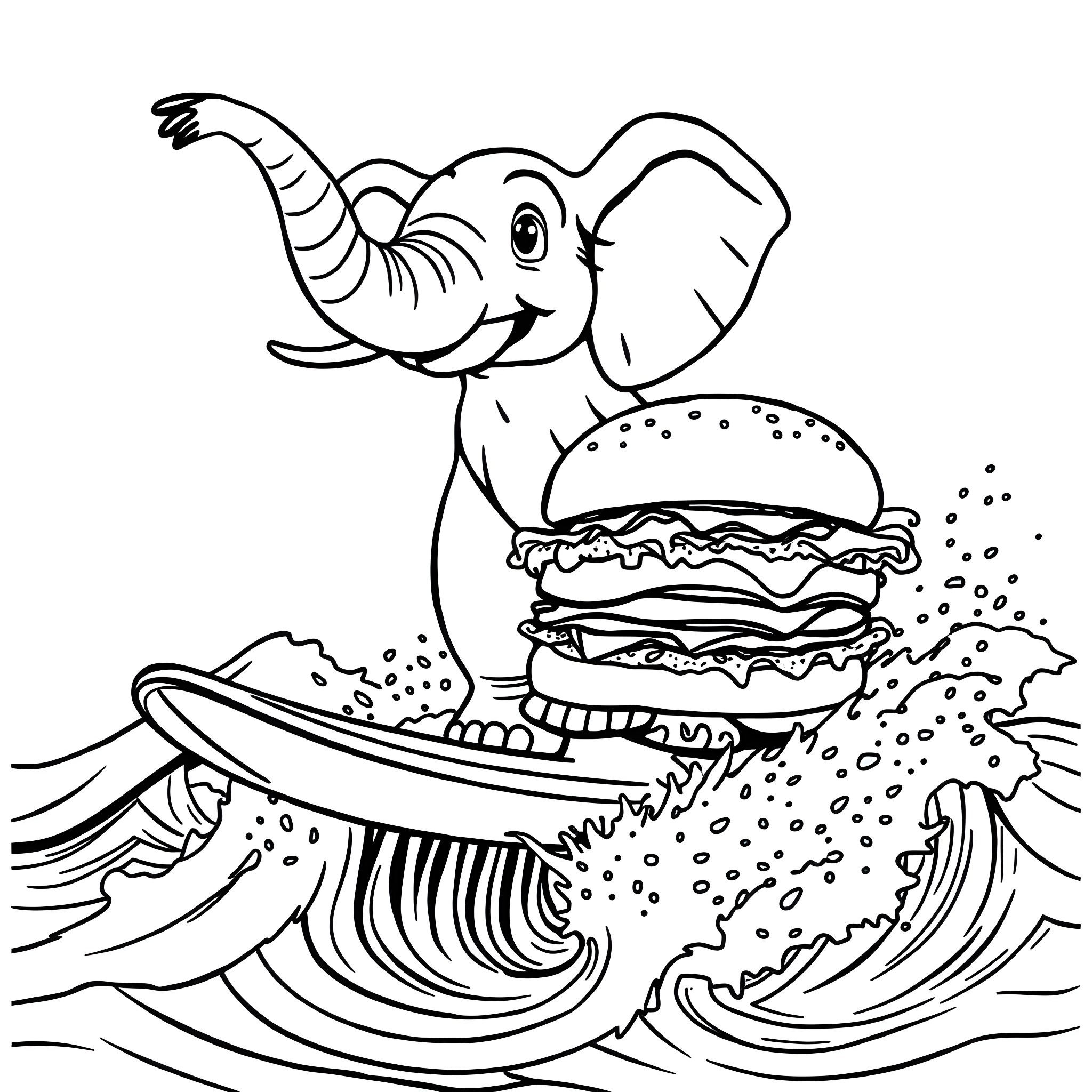 Elephant Eating a Hamburger on a Stormy Sea Coloring Page (free black-and-white line drawing printable PDF for all, from beginners to advanced learners, including children, teens, adults, and seniors)
