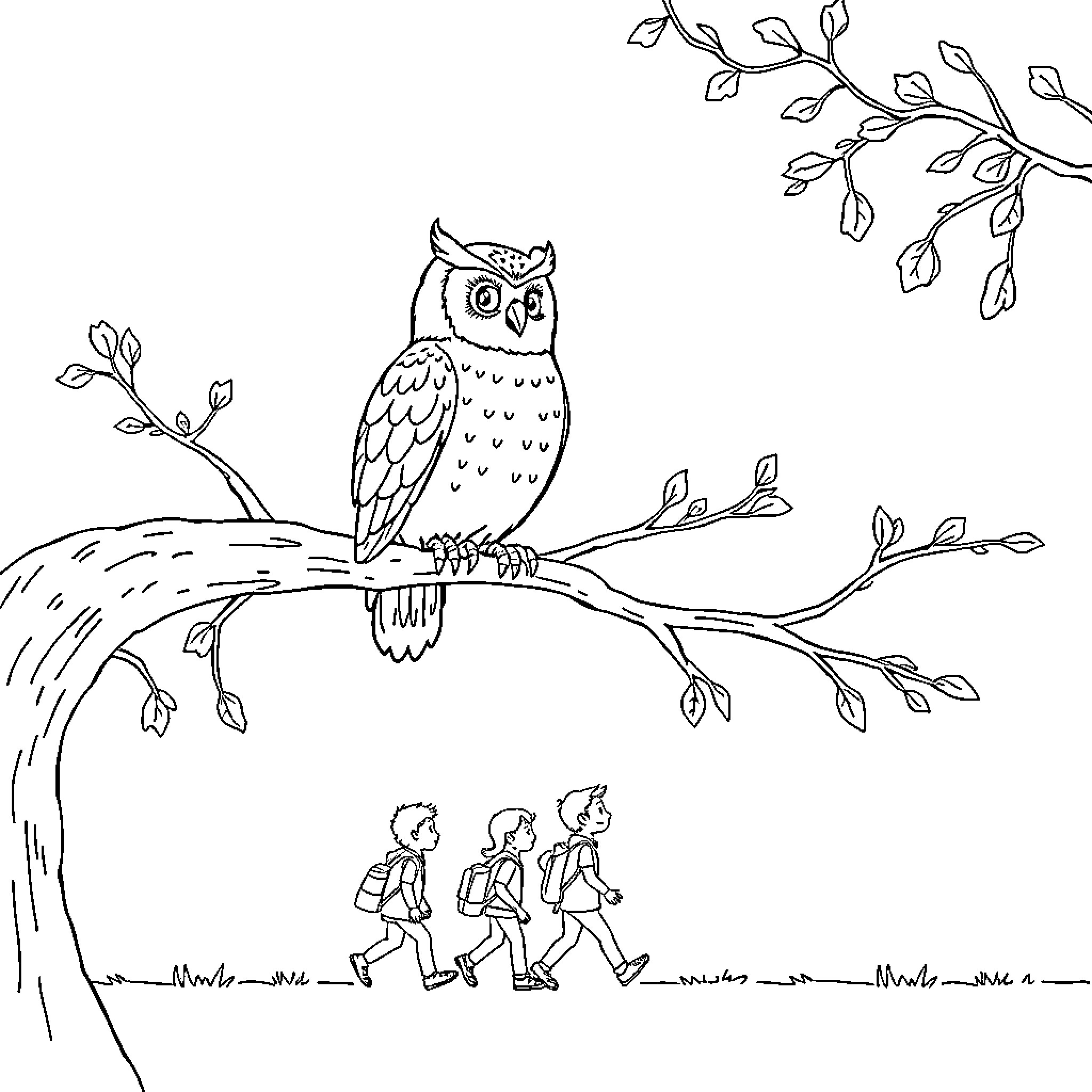 Owl perched on a branch observing hikers Coloring Page (free black-and-white line drawing printable PDF for all, from beginners to advanced learners, including children, teens, adults, and seniors)
