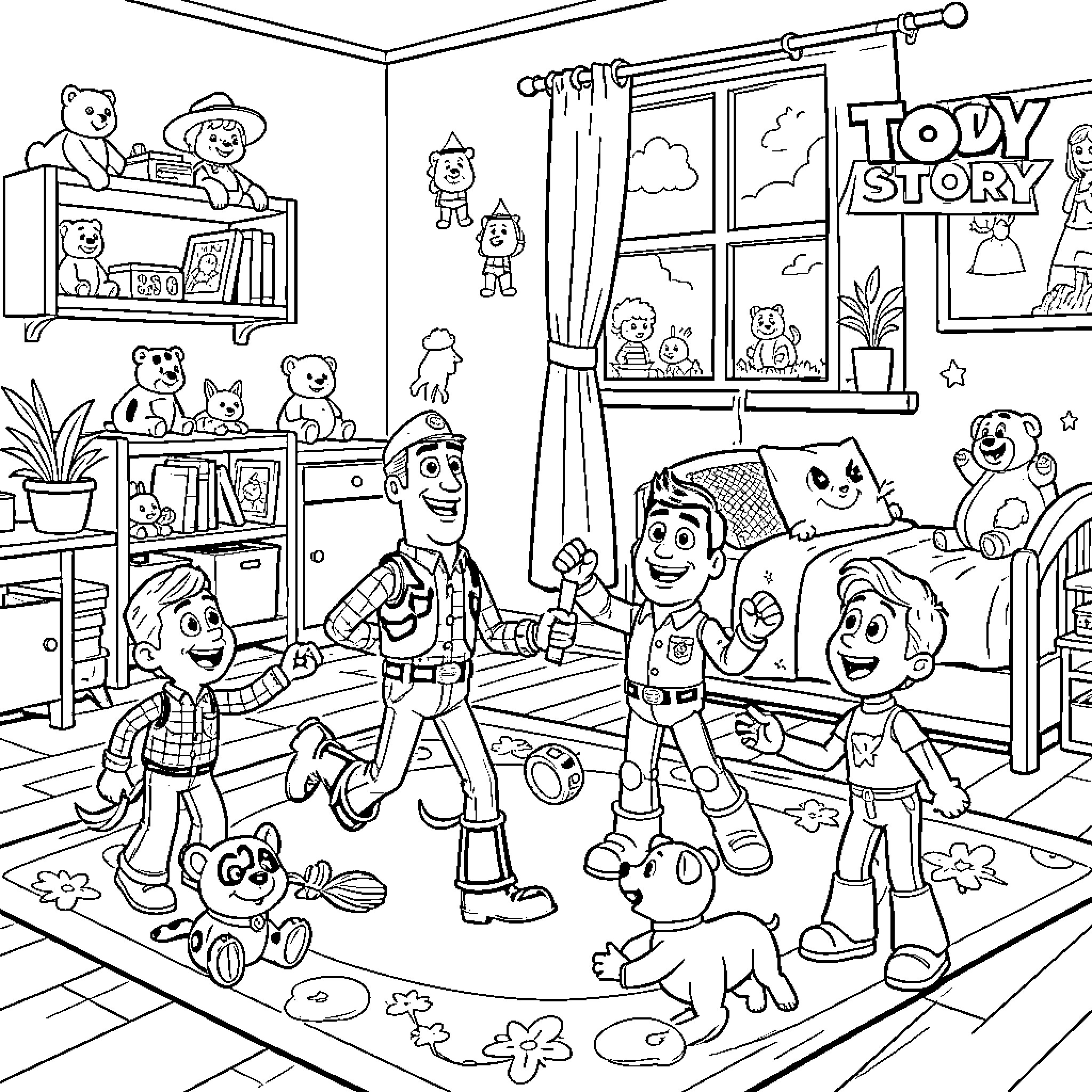 Toy Story characters in a lively bedroom scene Coloring Page (free black-and-white line drawing printable PDF for all, from beginners to advanced learners, including children, teens, adults, and seniors)