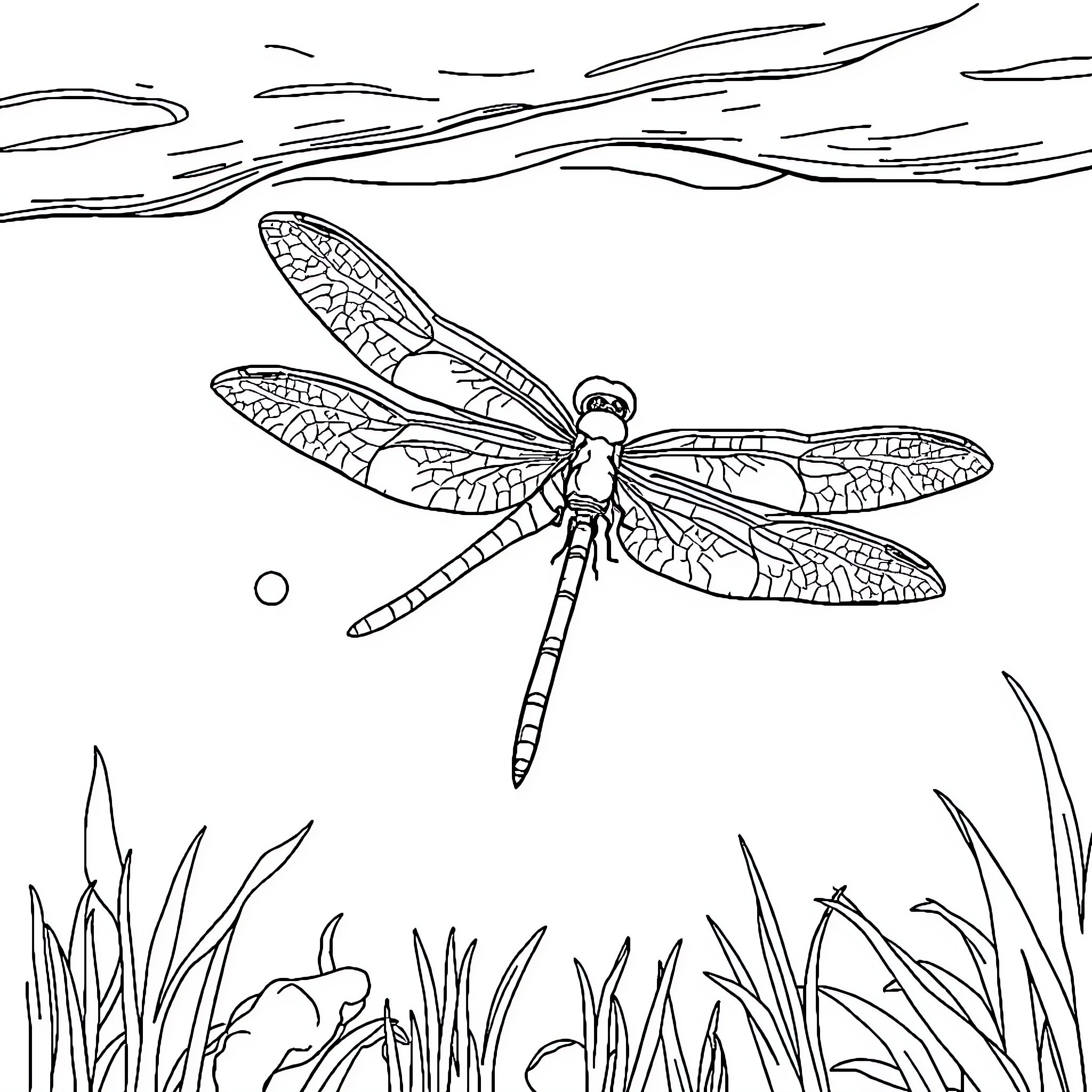 Dragonfly in flight over tall grass Coloring Page (free black-and-white line drawing printable PDF for all, from beginners to advanced learners, including children, teens, adults, and seniors)
