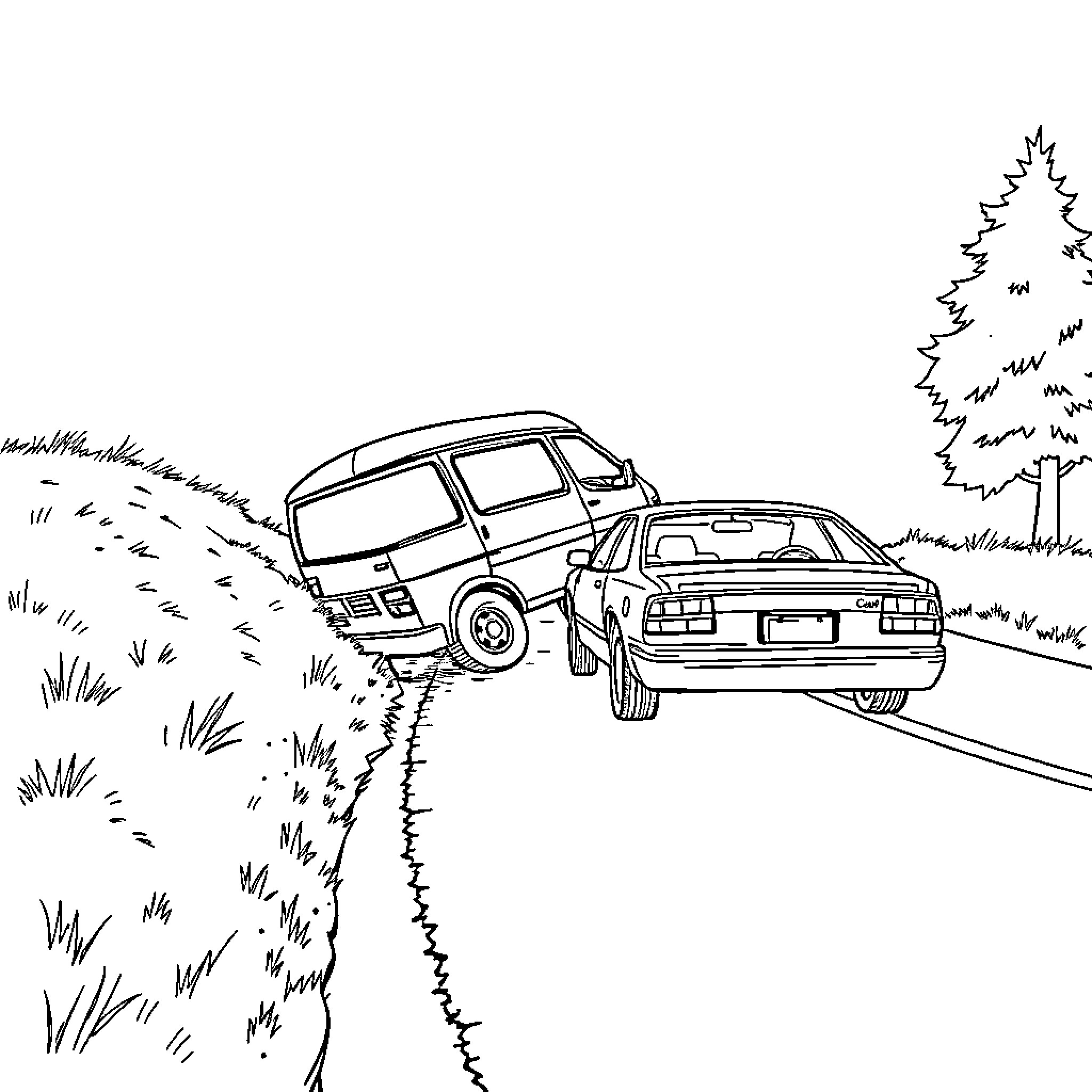 Van driving through scenic countryside Coloring Page (free black-and-white line drawing printable PDF for all, from beginners to advanced learners, including children, teens, adults, and seniors)