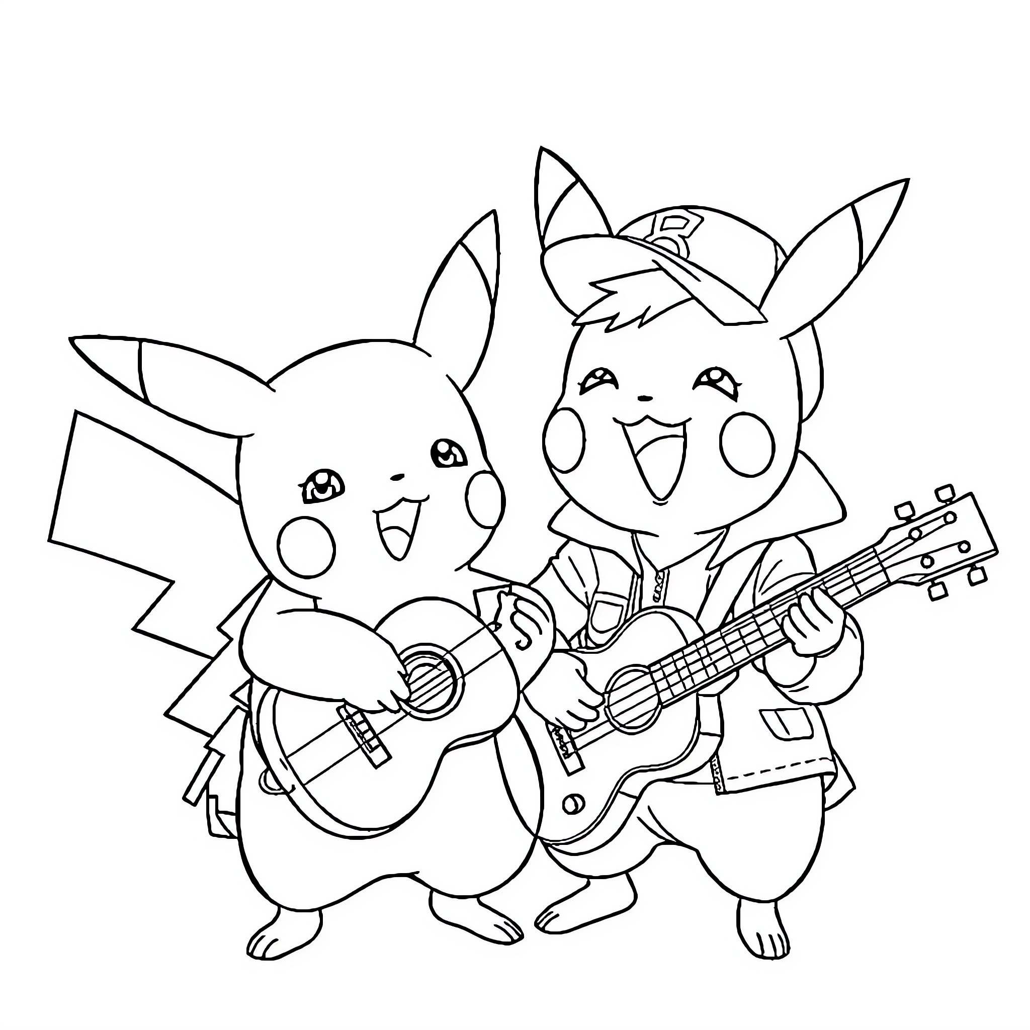 Pikachu and friends playing musical instruments Coloring Page (free black-and-white line drawing printable PDF for all, from beginners to advanced learners, including children, teens, adults, and seniors)