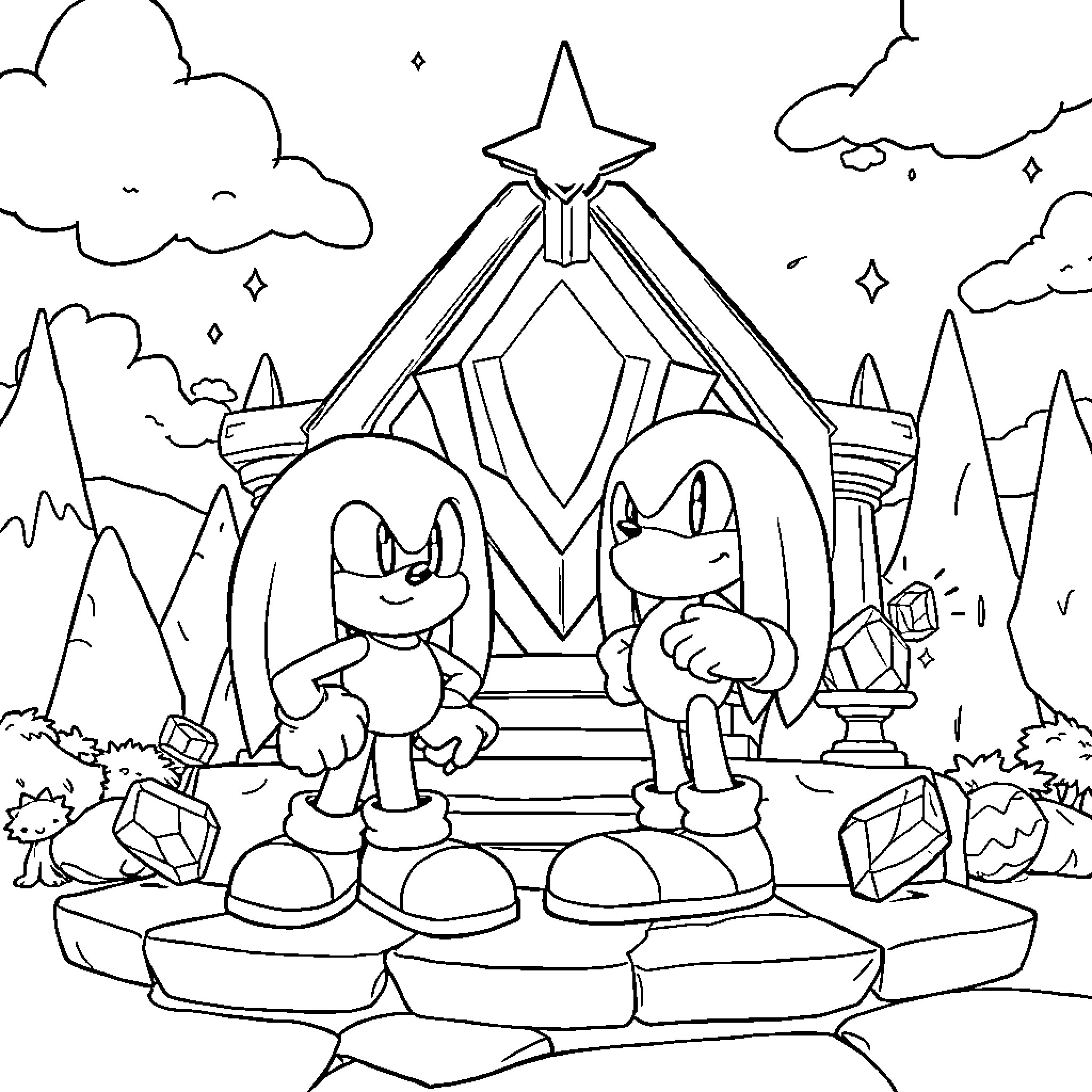 Knuckles and Sonic in a Fantasy Landscape Coloring Page (free black-and-white line drawing printable PDF for all, from beginners to advanced learners, including children, teens, adults, and seniors)
