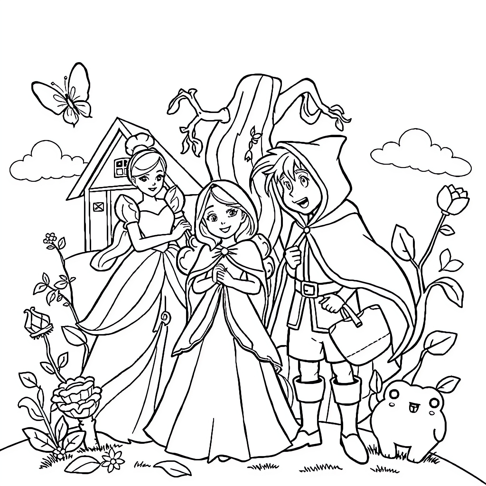 Fairytale characters in enchanted landscape Coloring Page (free black-and-white line drawing printable PDF for all, from beginners to advanced learners, including children, teens, adults, and seniors)