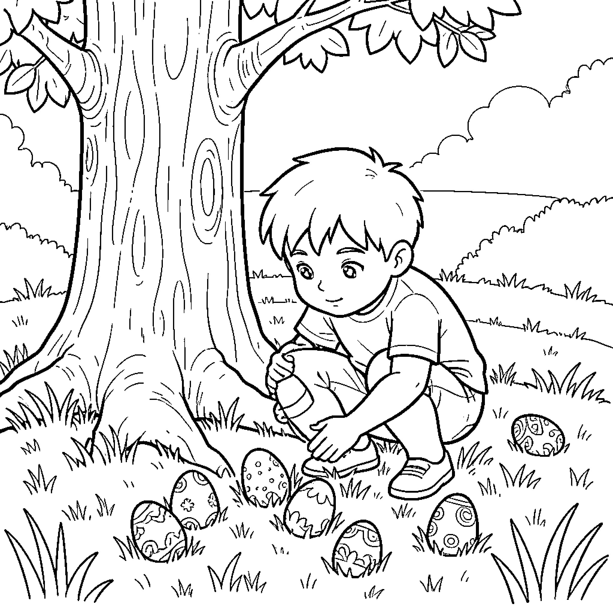 Boy exploring the nature and discovering colorful eggs Coloring Page (free black-and-white line drawing printable PDF for all, from beginners to advanced learners, including children, teens, adults, and seniors)