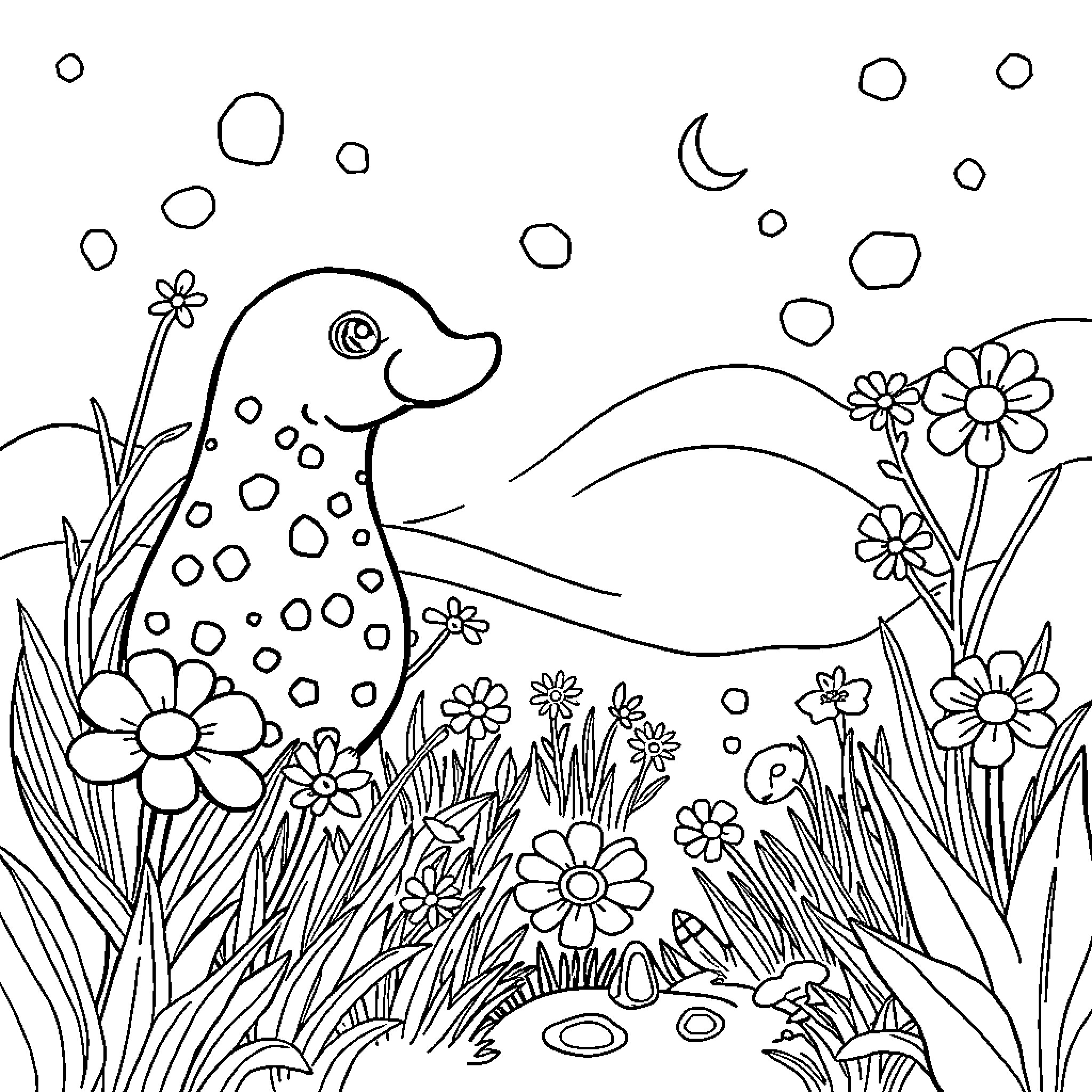 Child playing in flower-filled meadow with moon and stars Coloring Page (free black-and-white line drawing printable PDF for all, from beginners to advanced learners, including children, teens, adults, and seniors)