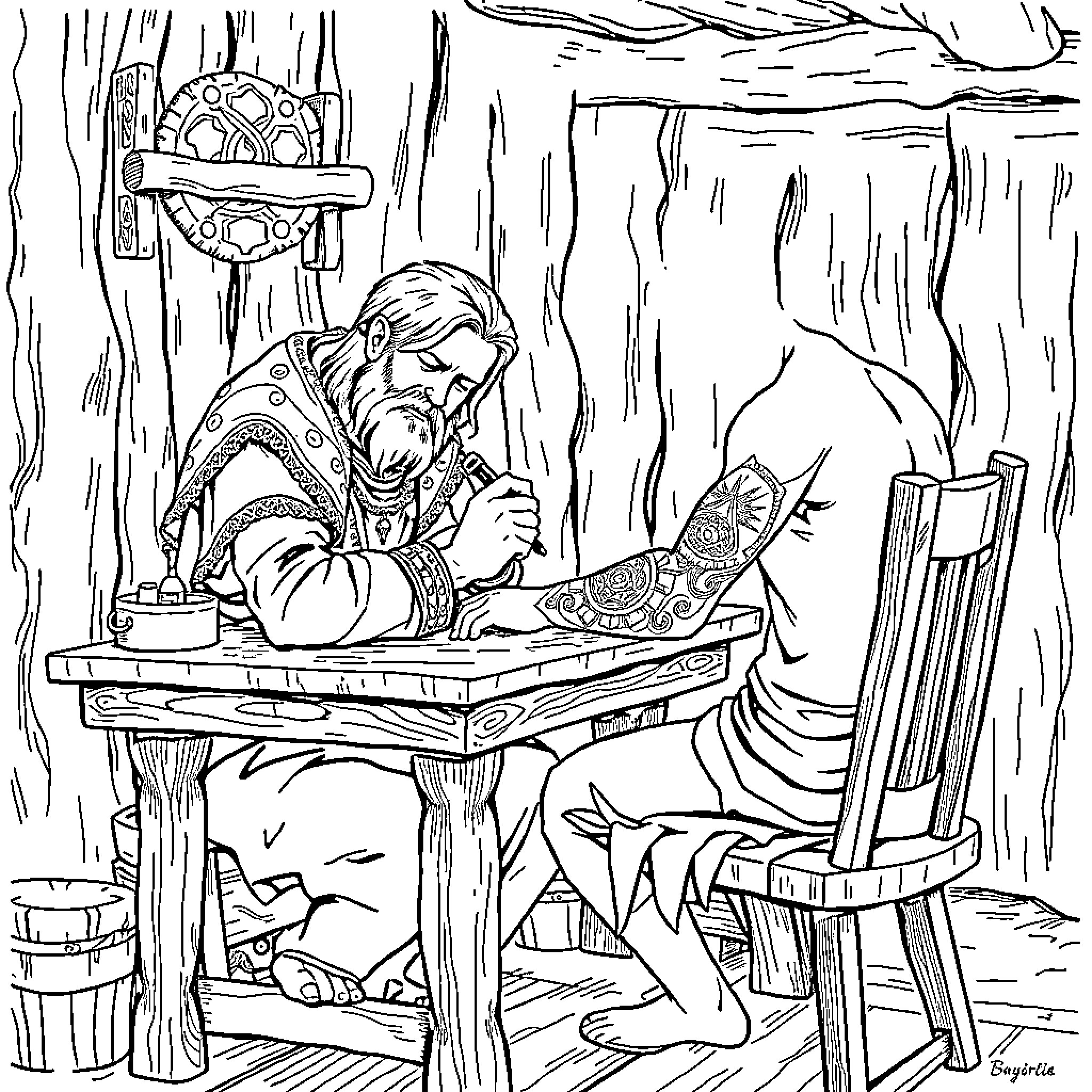 Druid Scribe Intently Crafting Mystical Writings Coloring Page (free black-and-white line drawing printable PDF for all, from beginners to advanced learners, including children, teens, adults, and seniors)