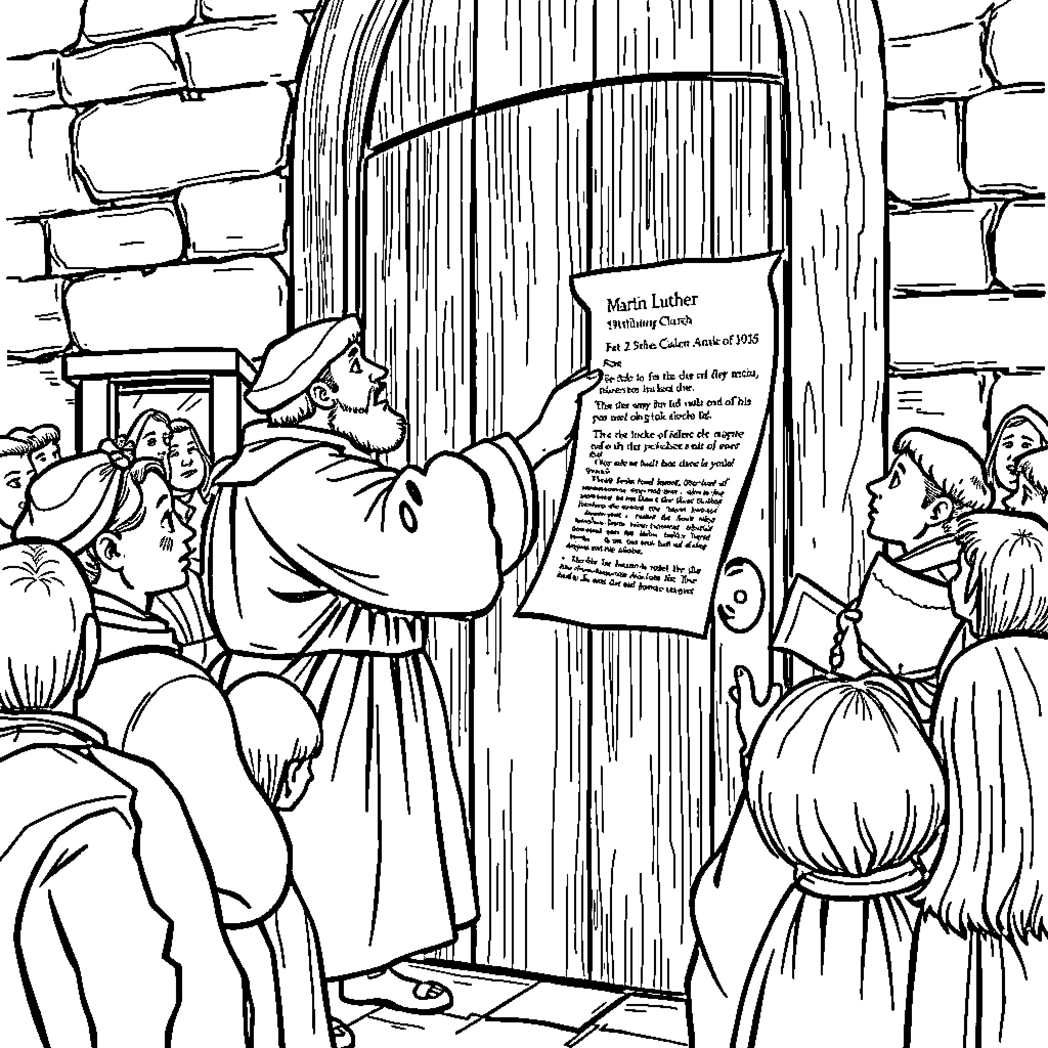 Martin Luther Posting His 95 Theses on the Church Door Coloring Page (free black-and-white line drawing printable PDF for all, from beginners to advanced learners, including children, teens, adults, and seniors)